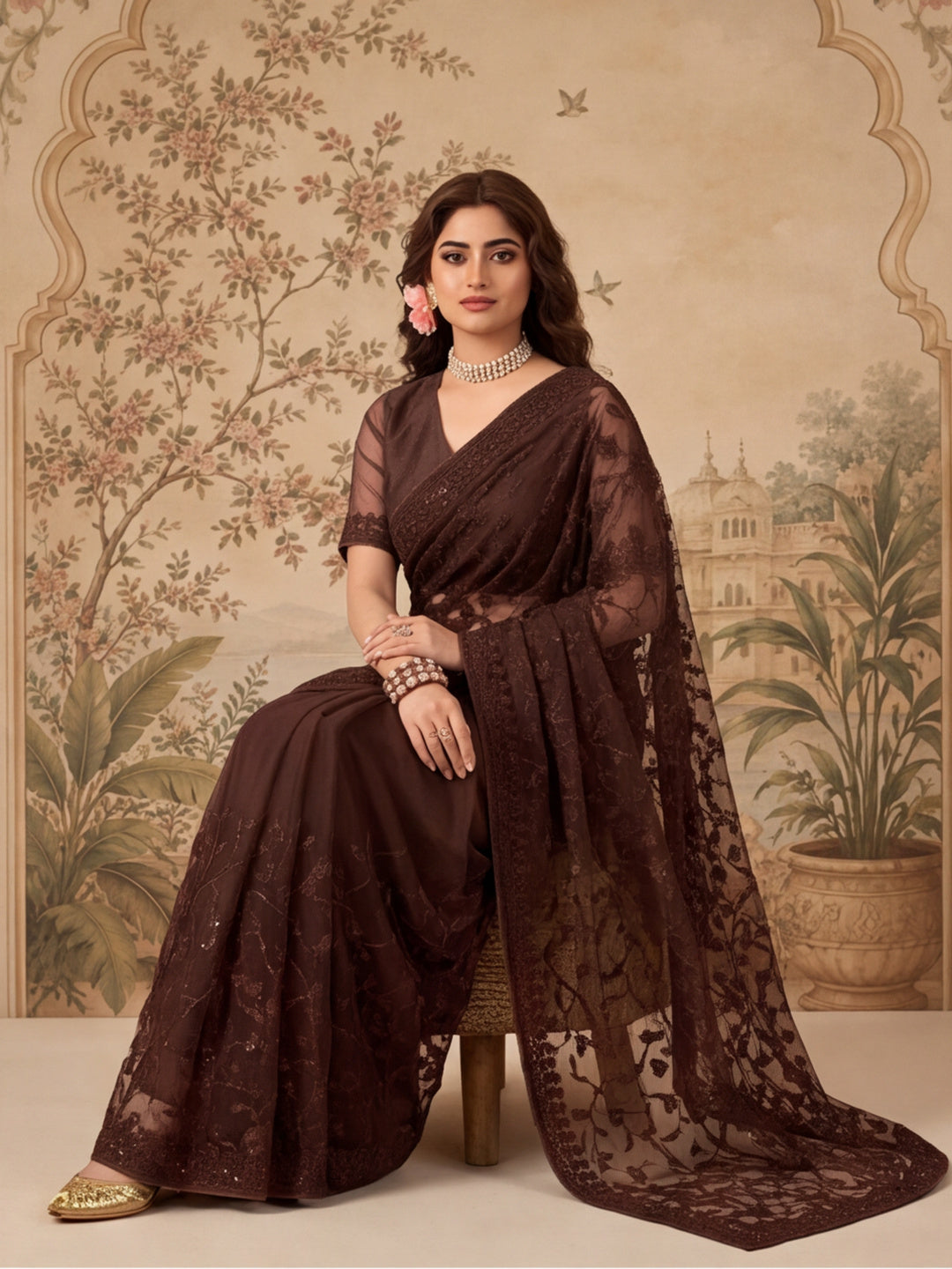 Coffee Embroidered Work Net Saree with Floral Design