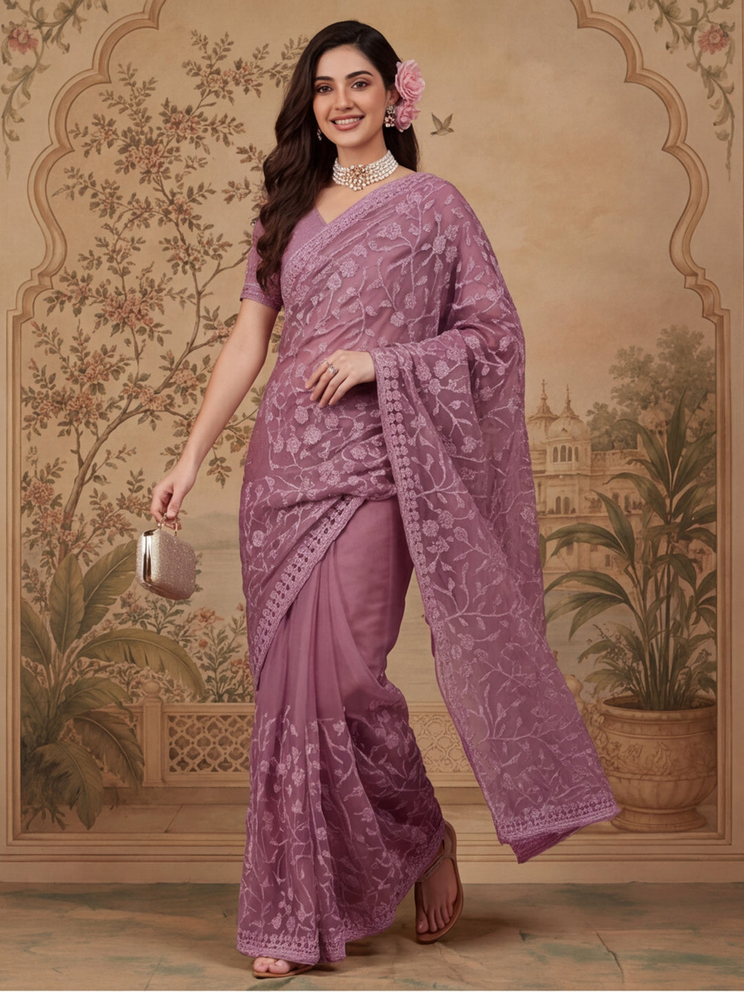 Mauve Embroidered Work Net Saree with Floral Design