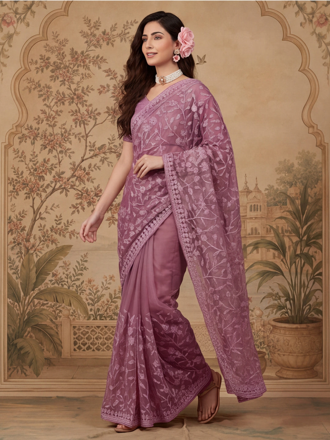 Mauve Embroidered Work Net Saree with Floral Design
