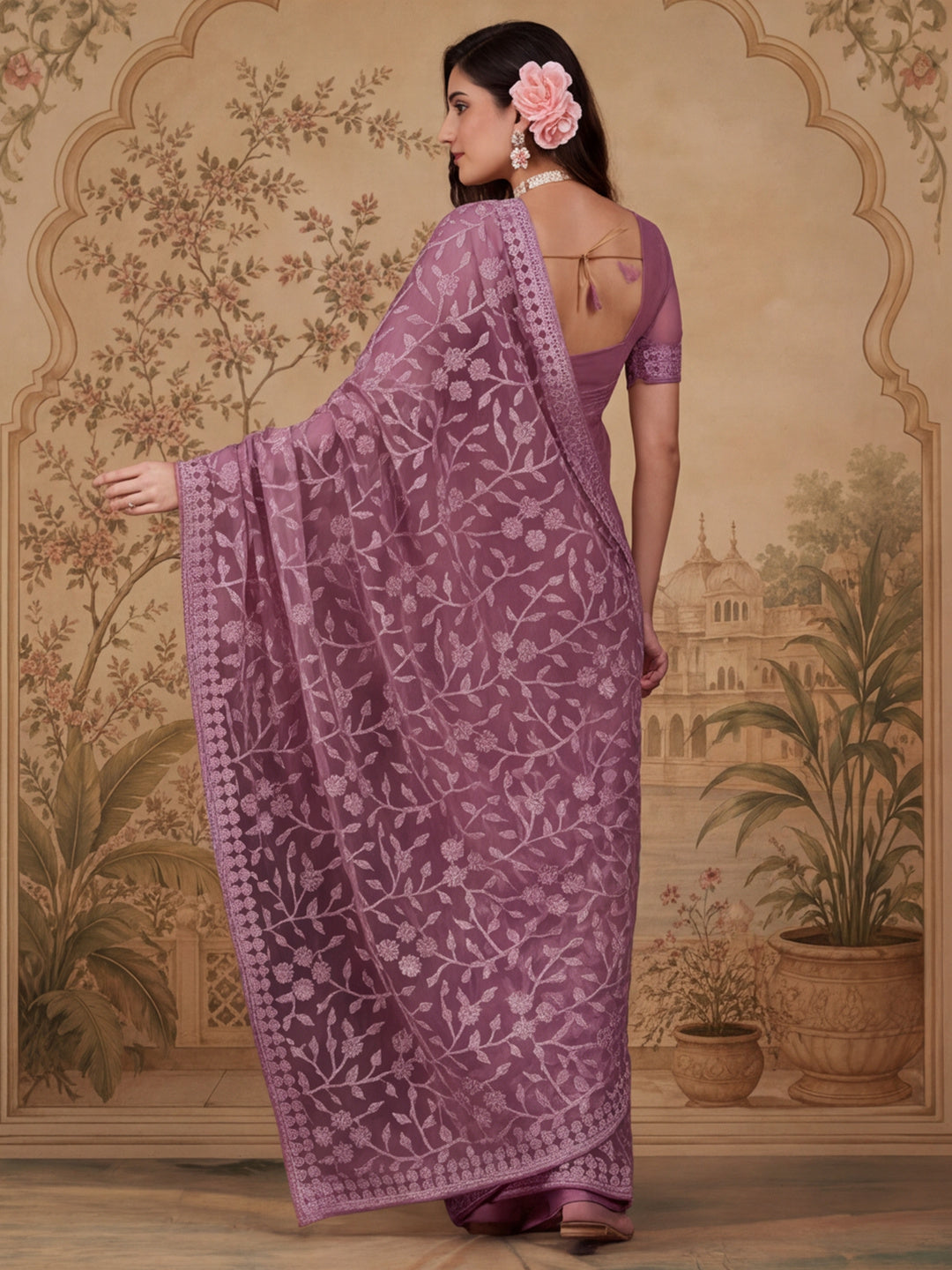 Mauve Embroidered Work Net Saree with Floral Design
