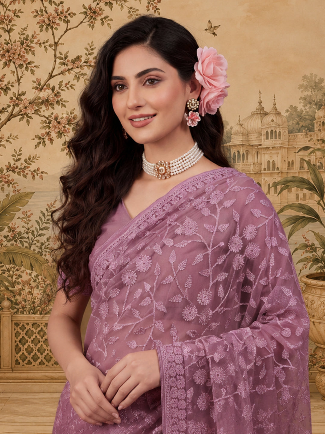 Mauve Embroidered Work Net Saree with Floral Design