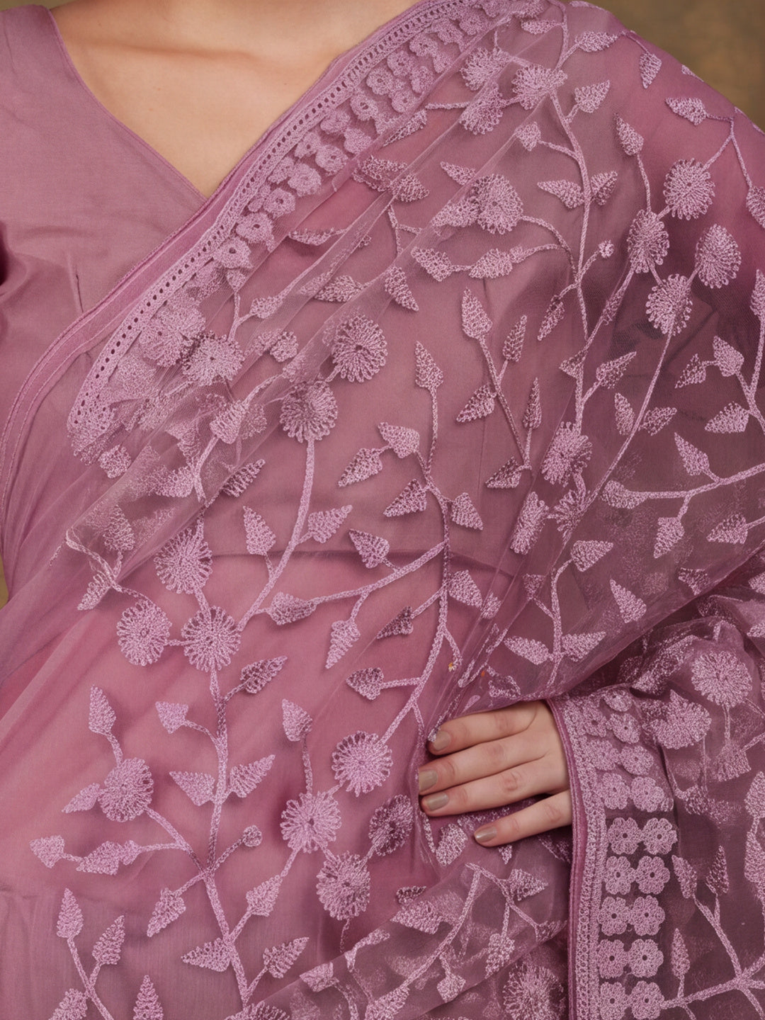 Mauve Embroidered Work Net Saree with Floral Design