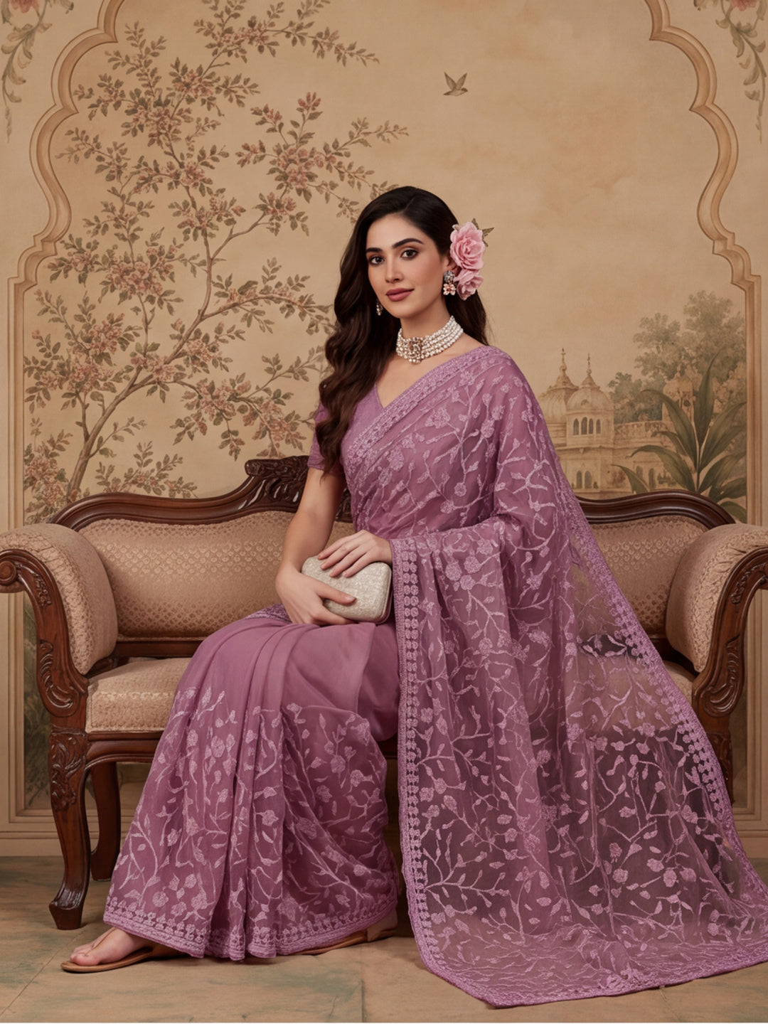 Mauve Embroidered Work Net Saree with Floral Design