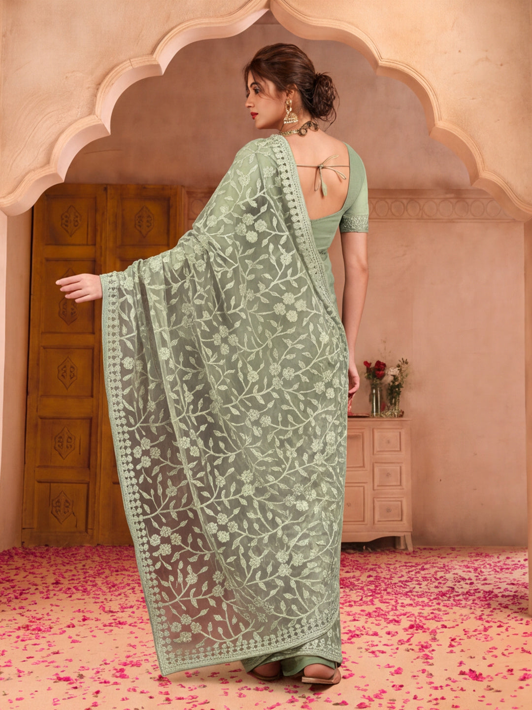 Light Olive Embroidered Work Net Saree with Floral Design