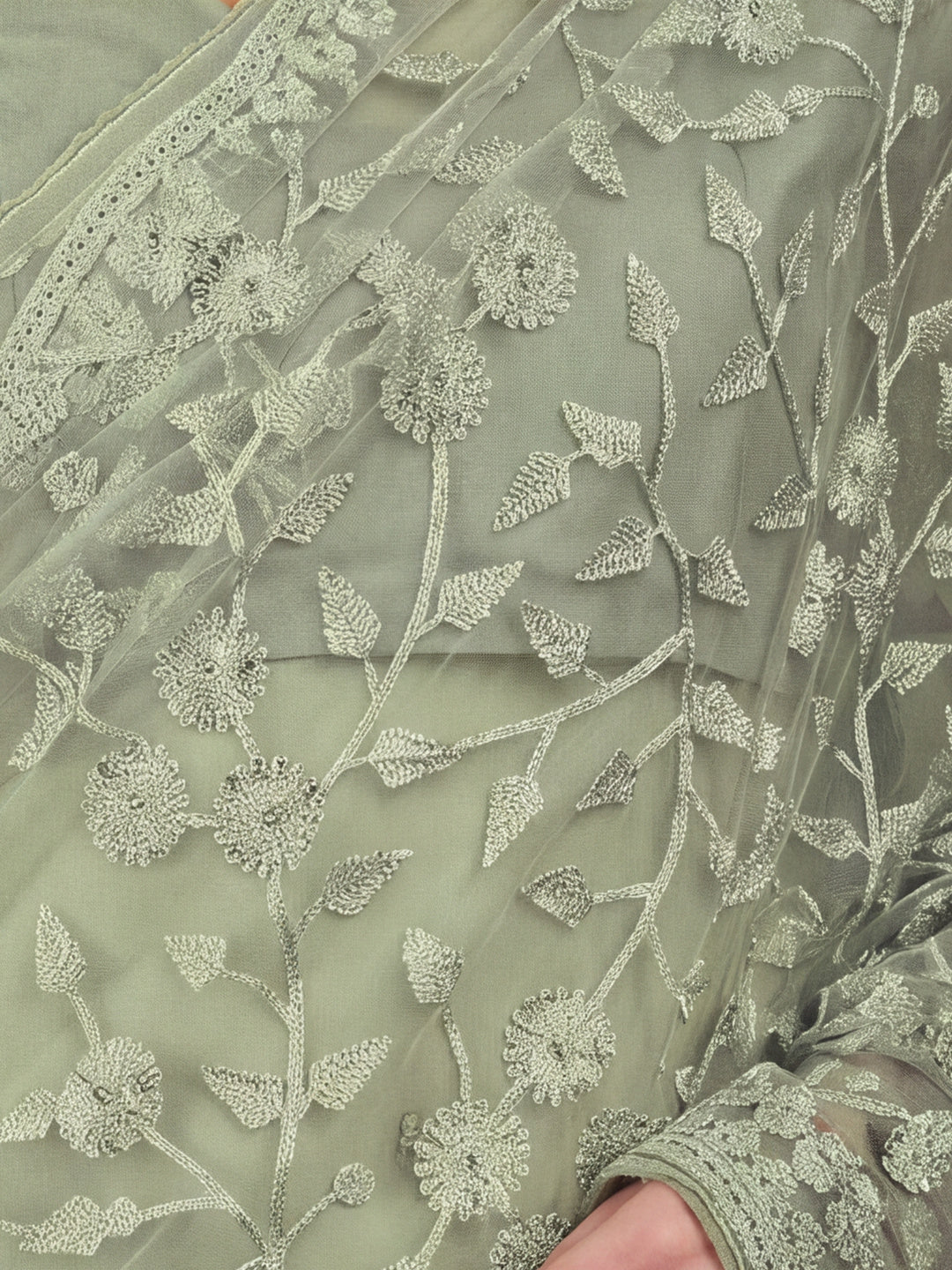 Light Olive Embroidered Work Net Saree with Floral Design