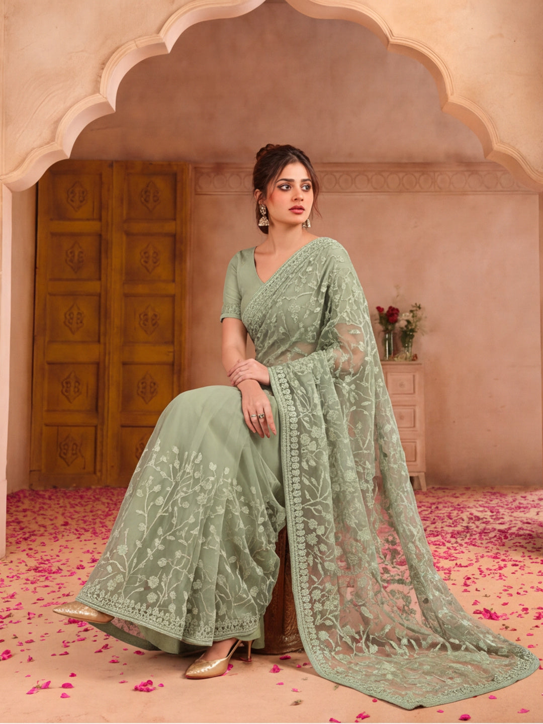 Light Olive Embroidered Work Net Saree with Floral Design
