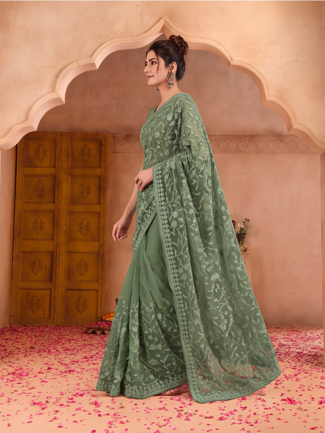 Olive Embroidered Work Net Saree with Floral Design