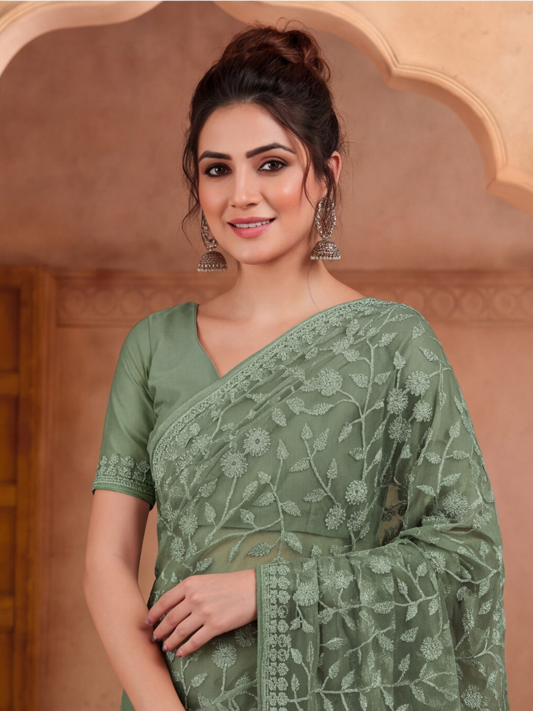 Olive Embroidered Work Net Saree with Floral Design