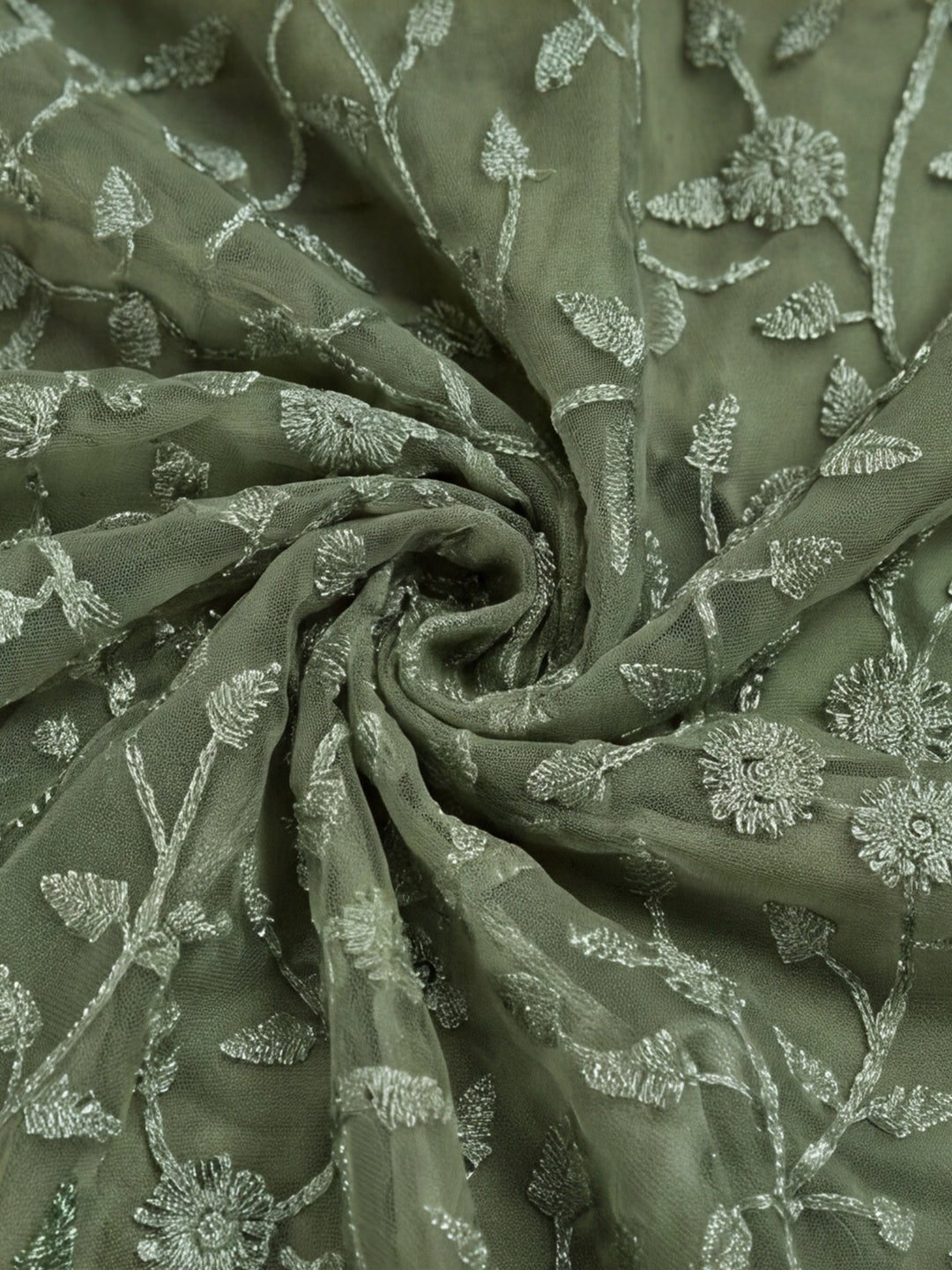 Olive Embroidered Work Net Saree with Floral Design