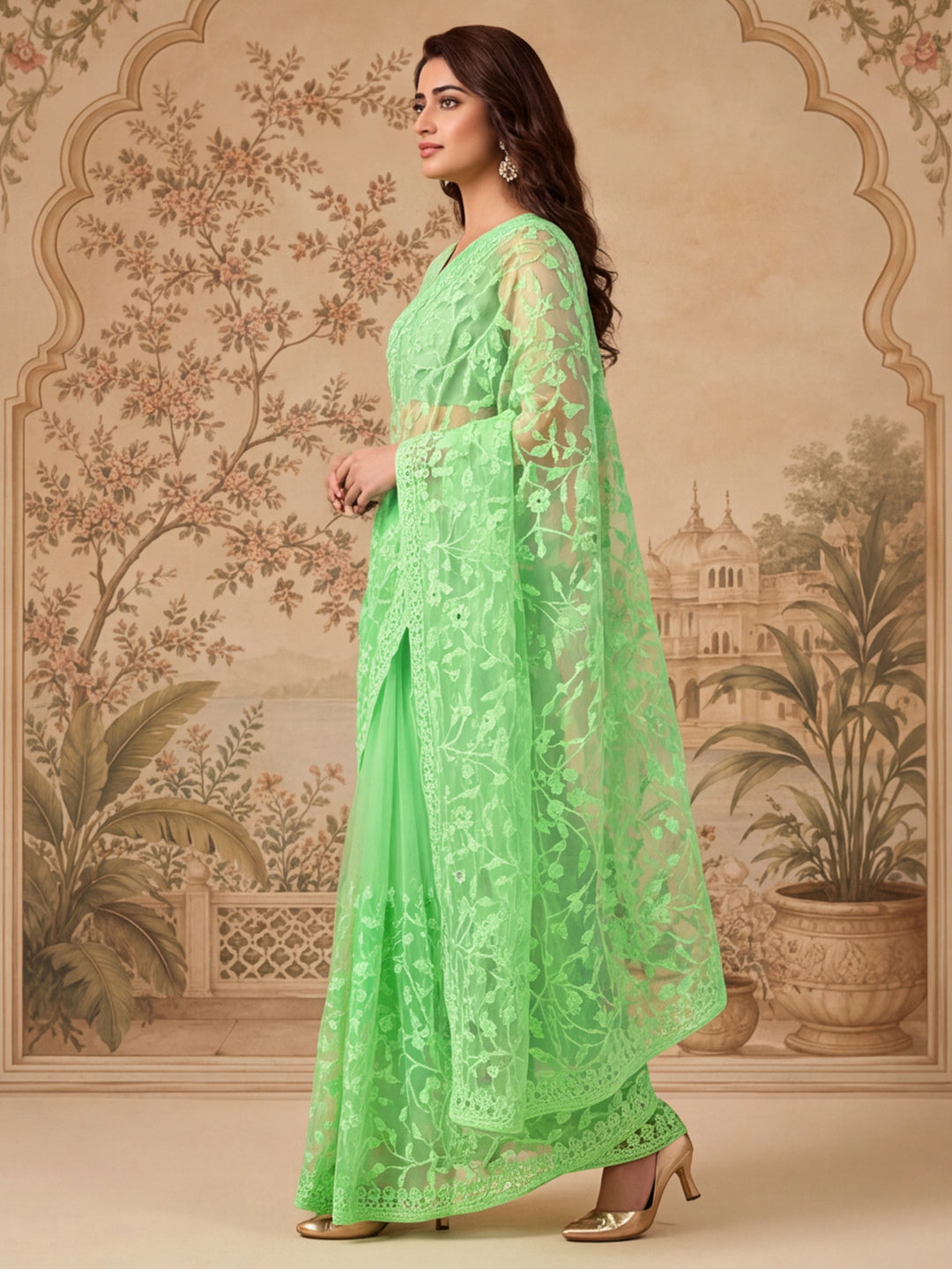 Pastel Green Work Net Saree with Floral Design