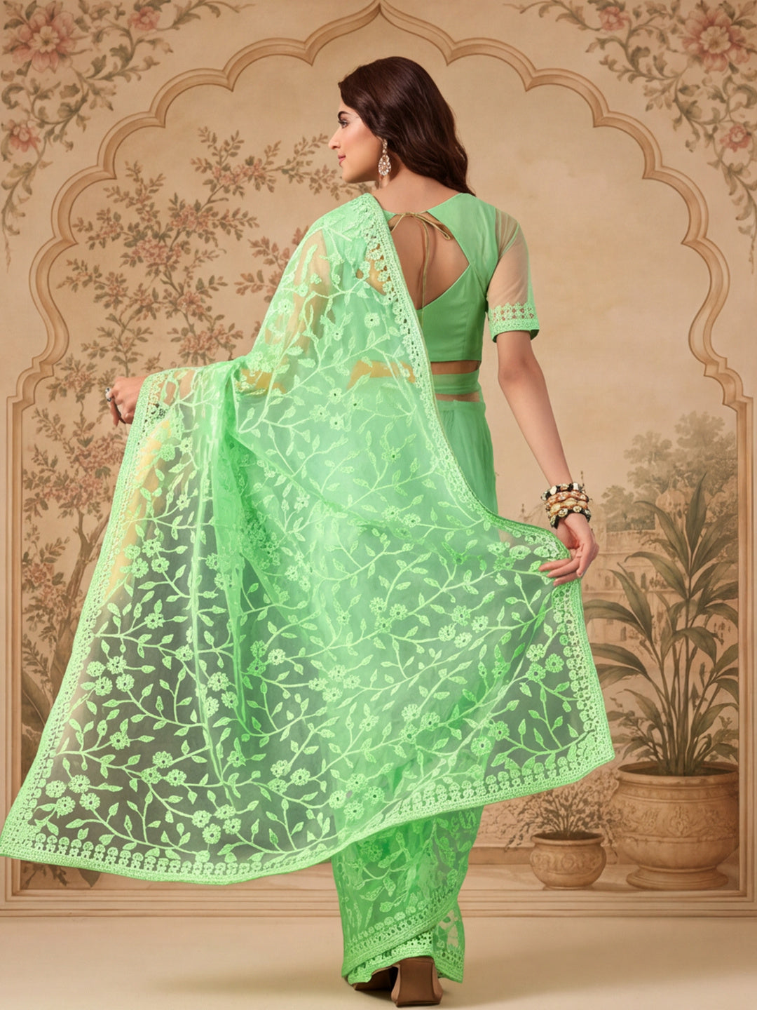 Pastel Green Work Net Saree with Floral Design