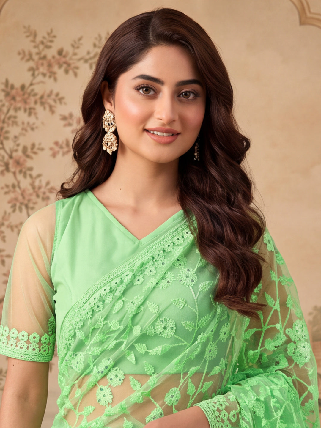 Pastel Green Work Net Saree with Floral Design