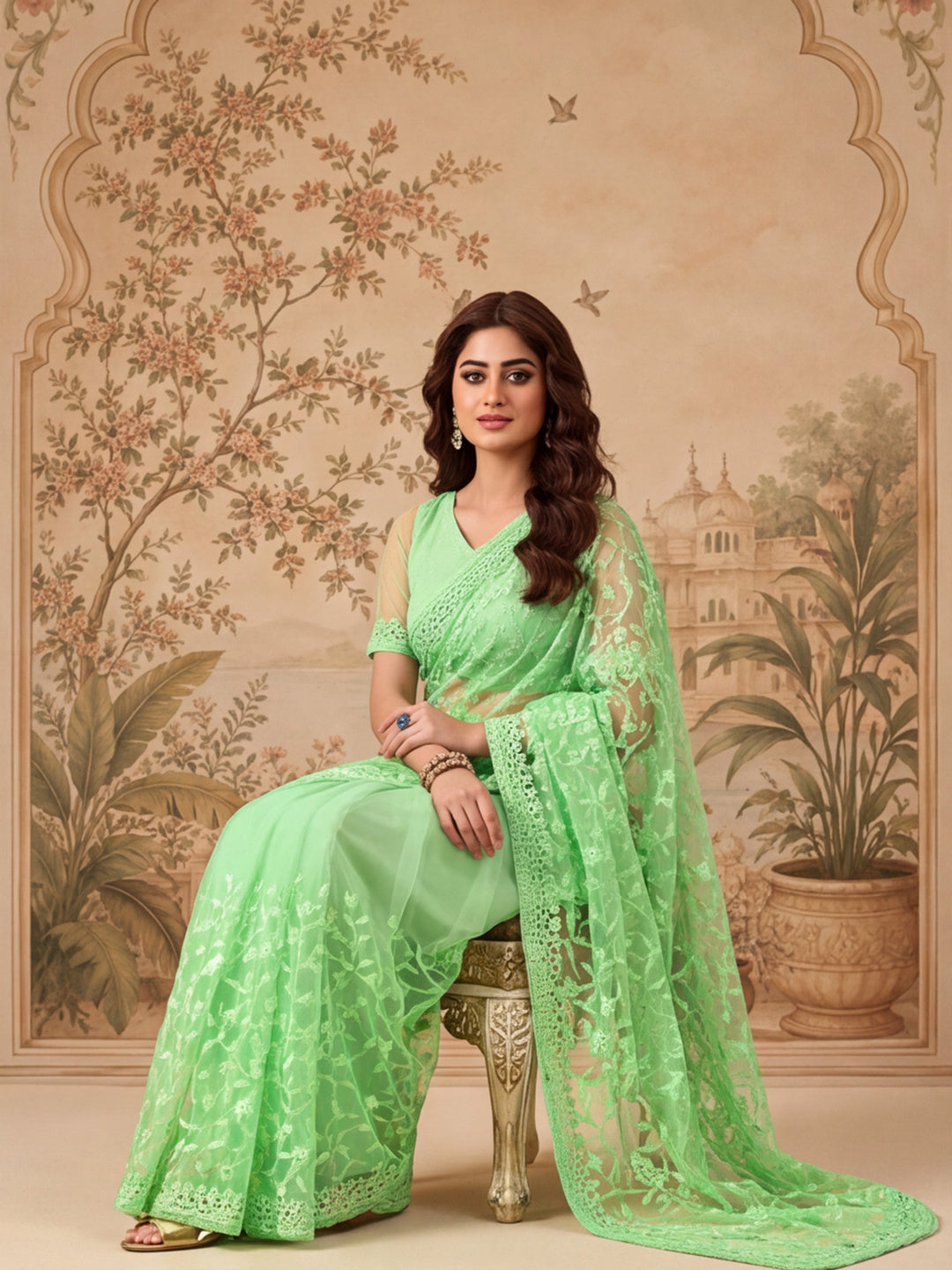 Pastel Green Work Net Saree with Floral Design