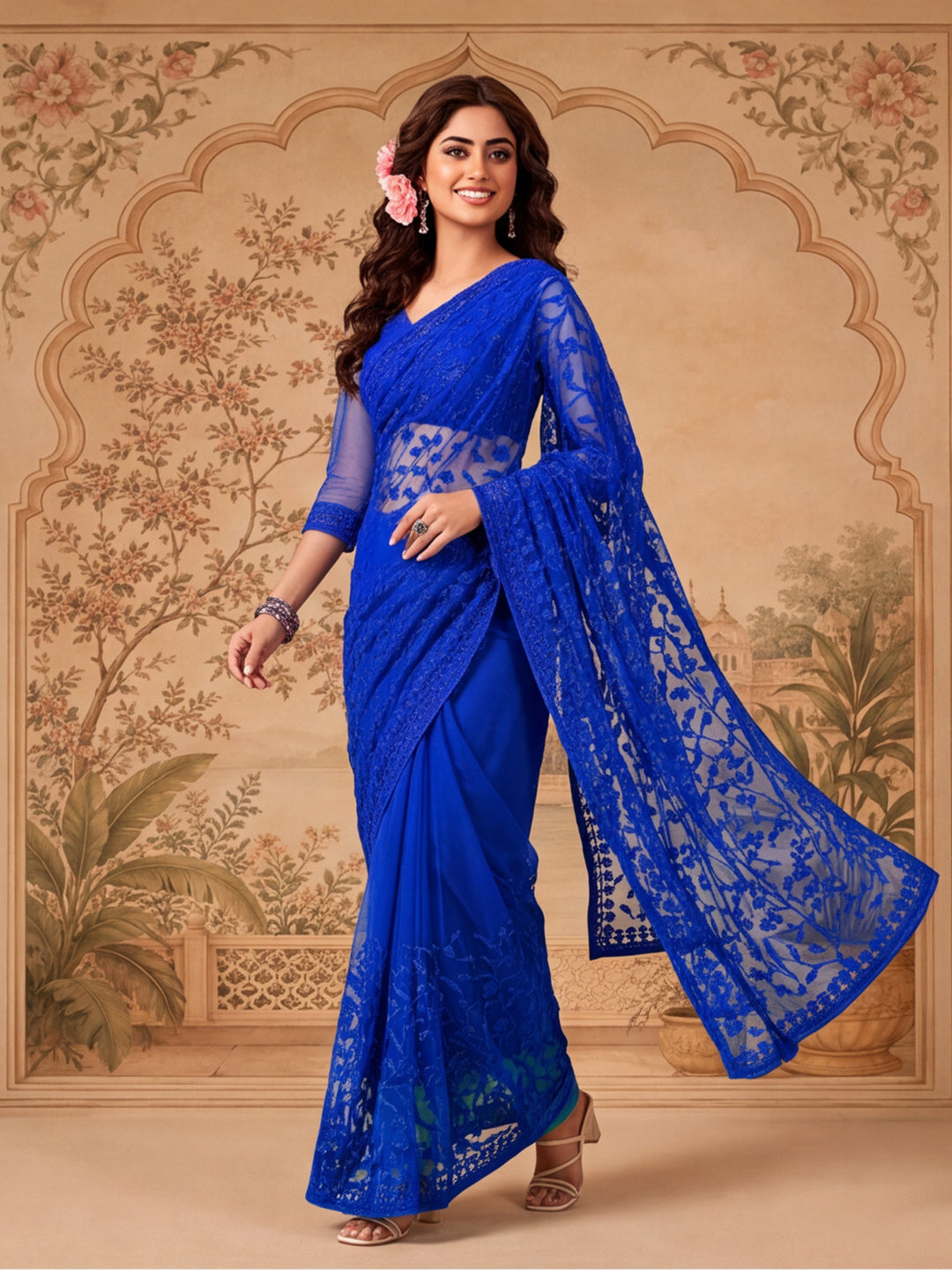 Royal Blue Work Net Saree with Floral Design