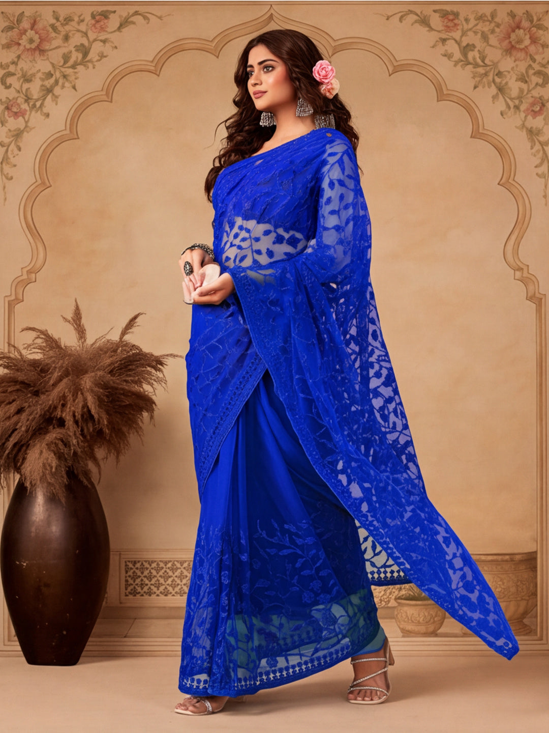 Royal Blue Work Net Saree with Floral Design