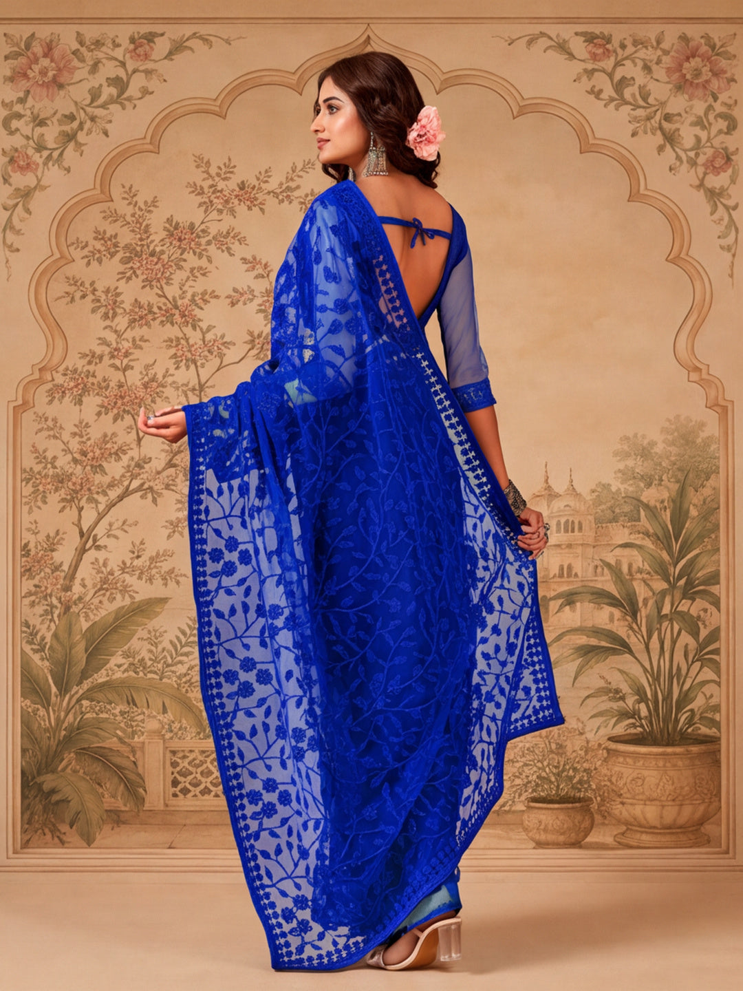 Royal Blue Work Net Saree with Floral Design