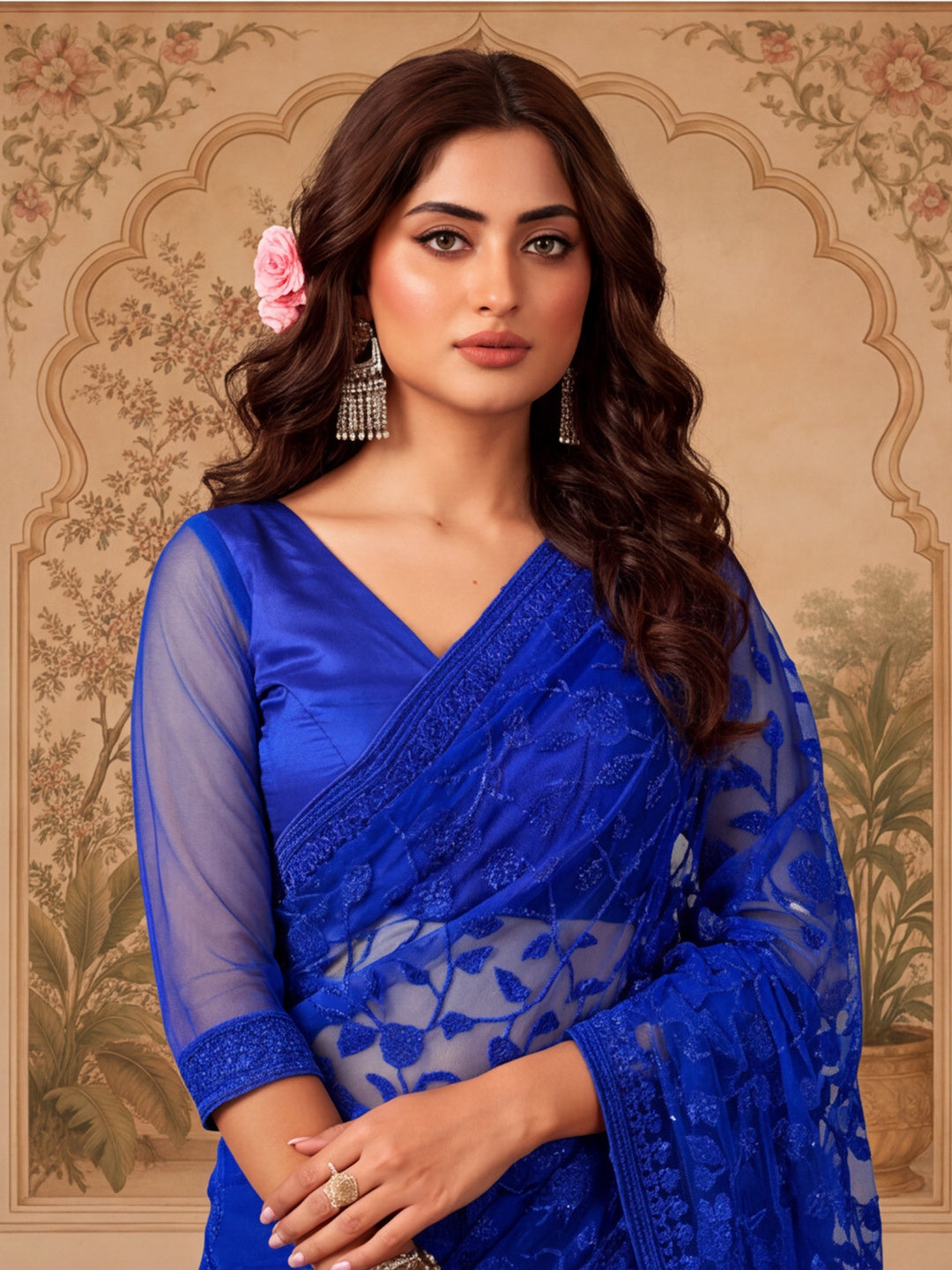 Royal Blue Work Net Saree with Floral Design