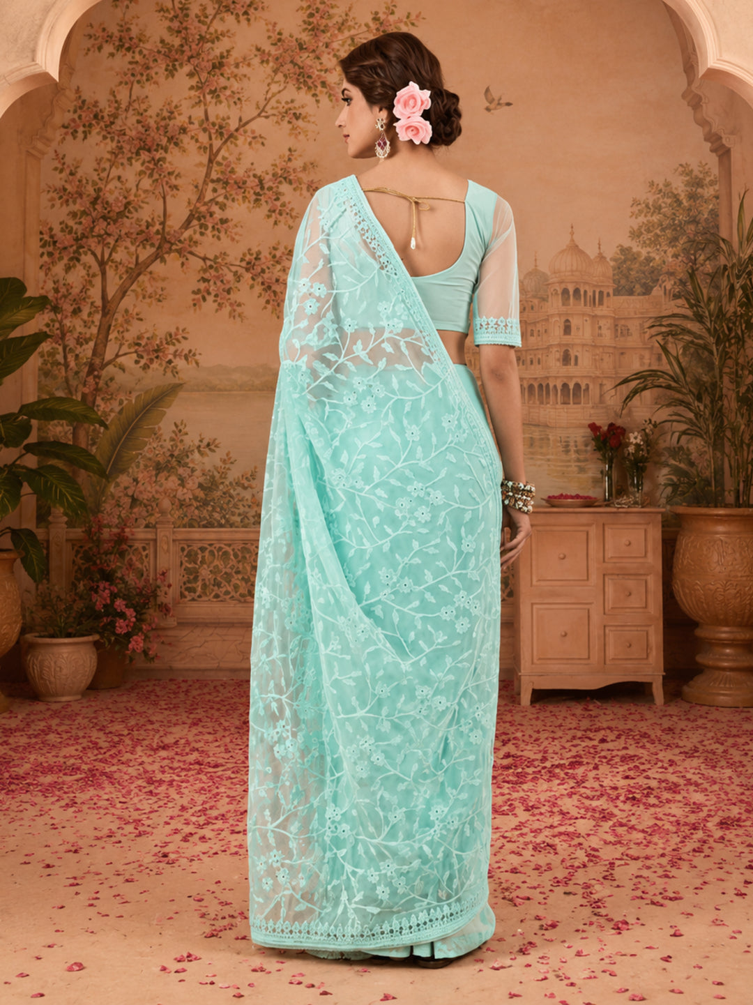 Sky Blue Work Net Saree with Floral Design