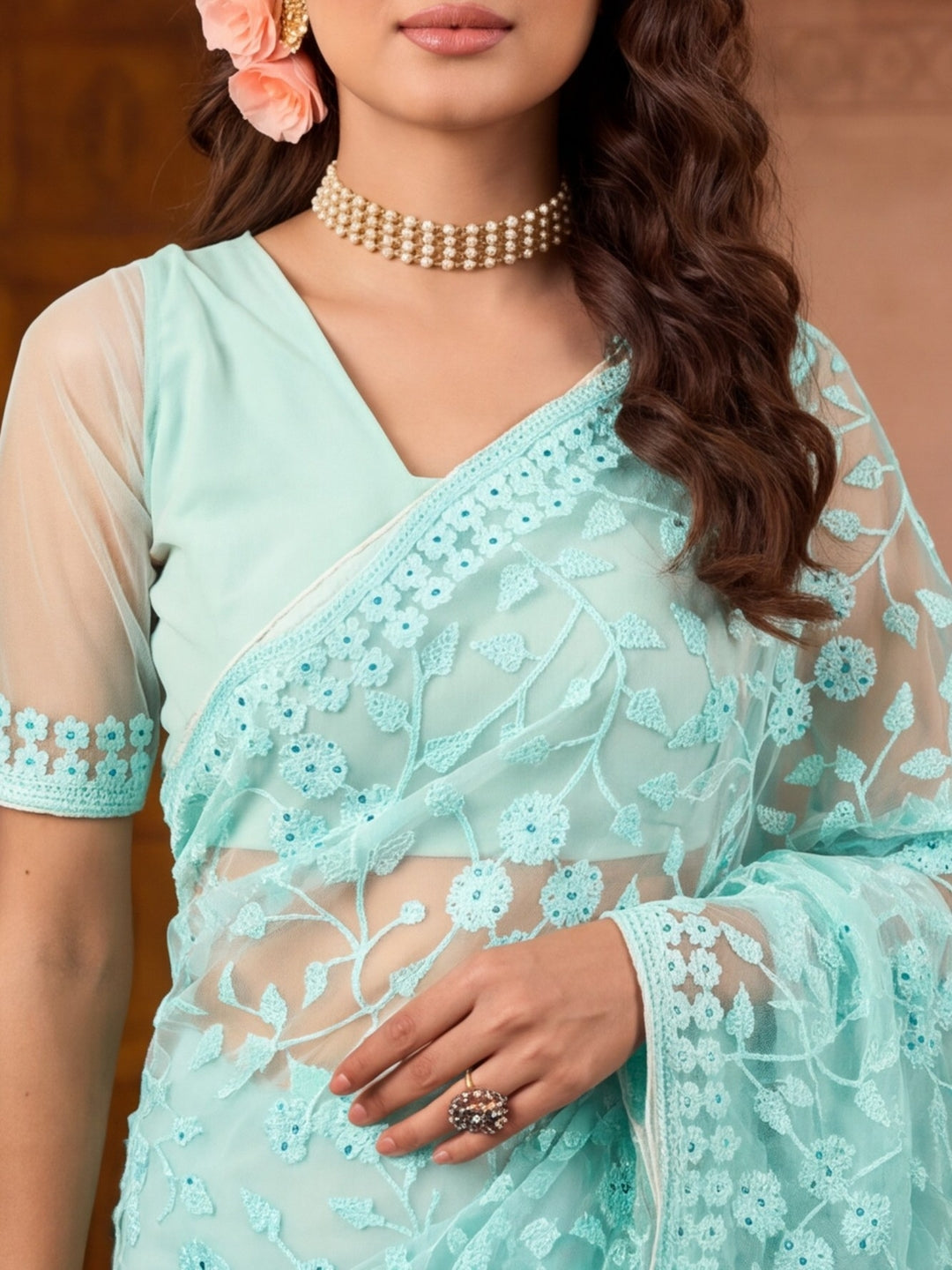 Sky Blue Work Net Saree with Floral Design