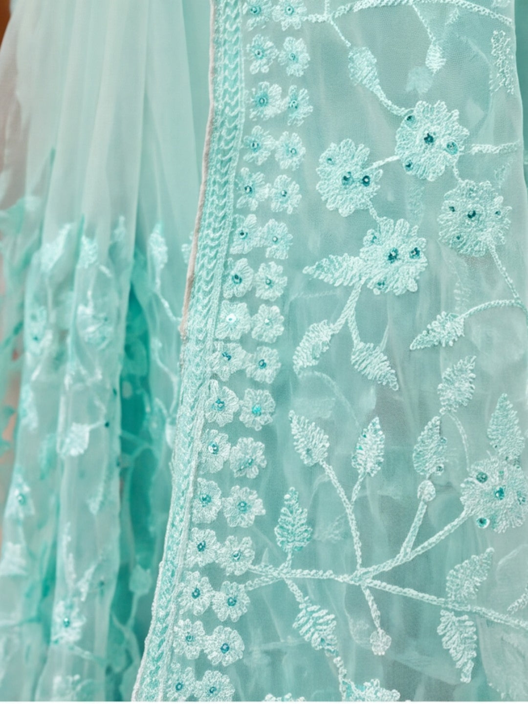 Sky Blue Work Net Saree with Floral Design