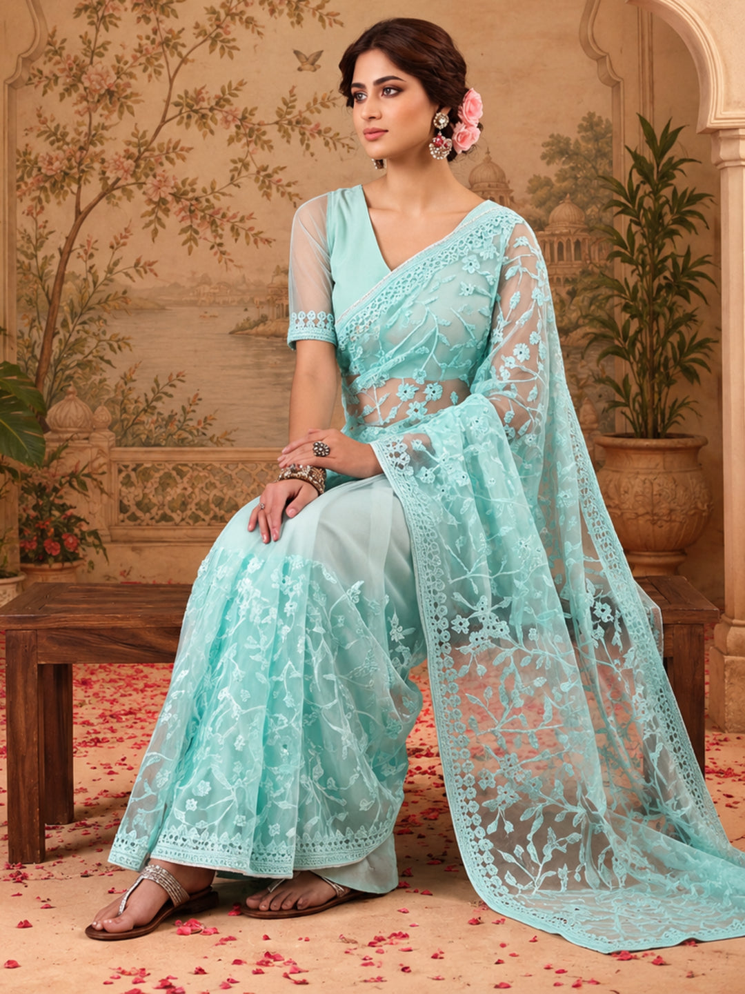 Sky Blue Work Net Saree with Floral Design