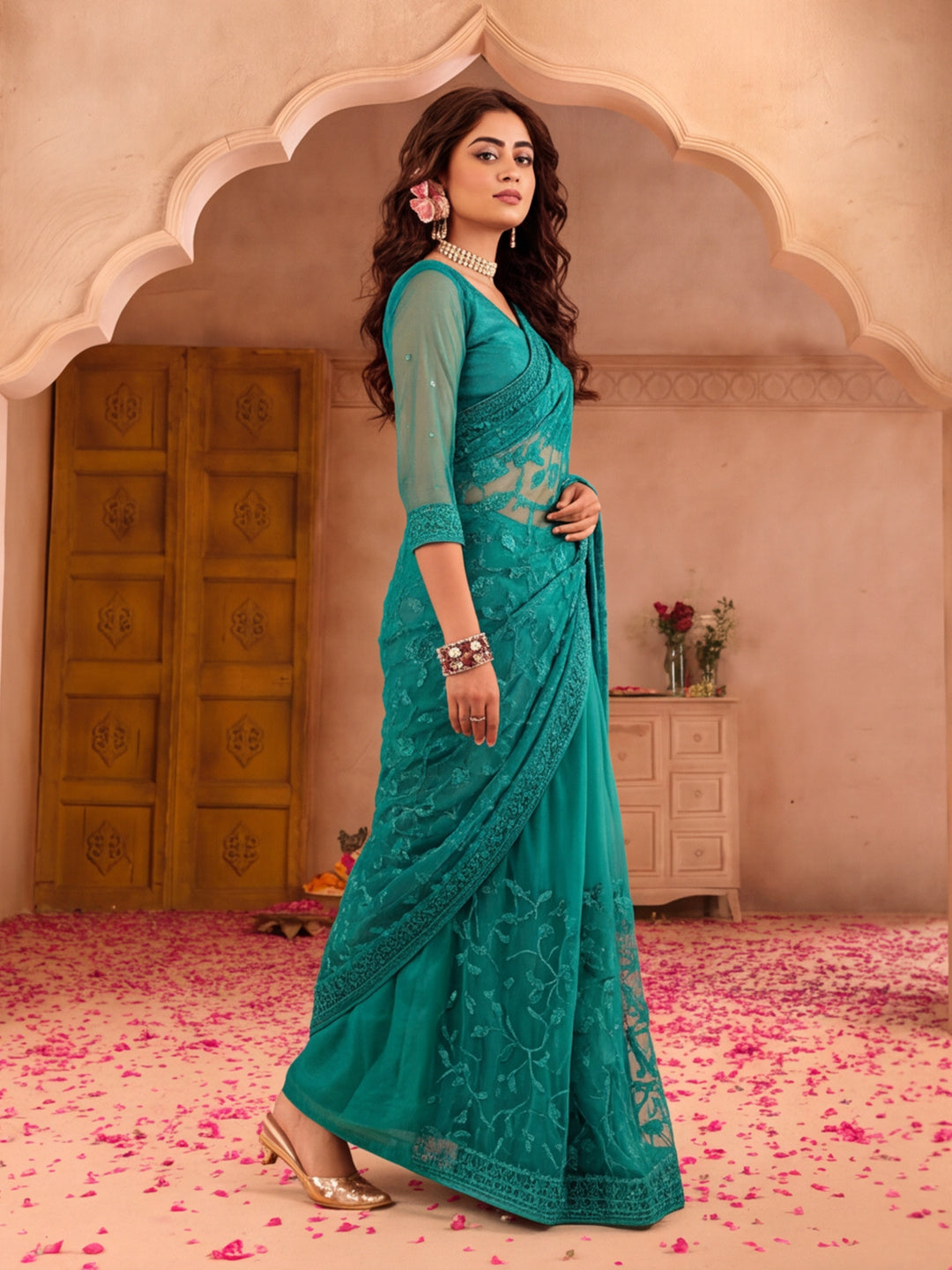 Teal Blue Work Net Saree with Floral Design