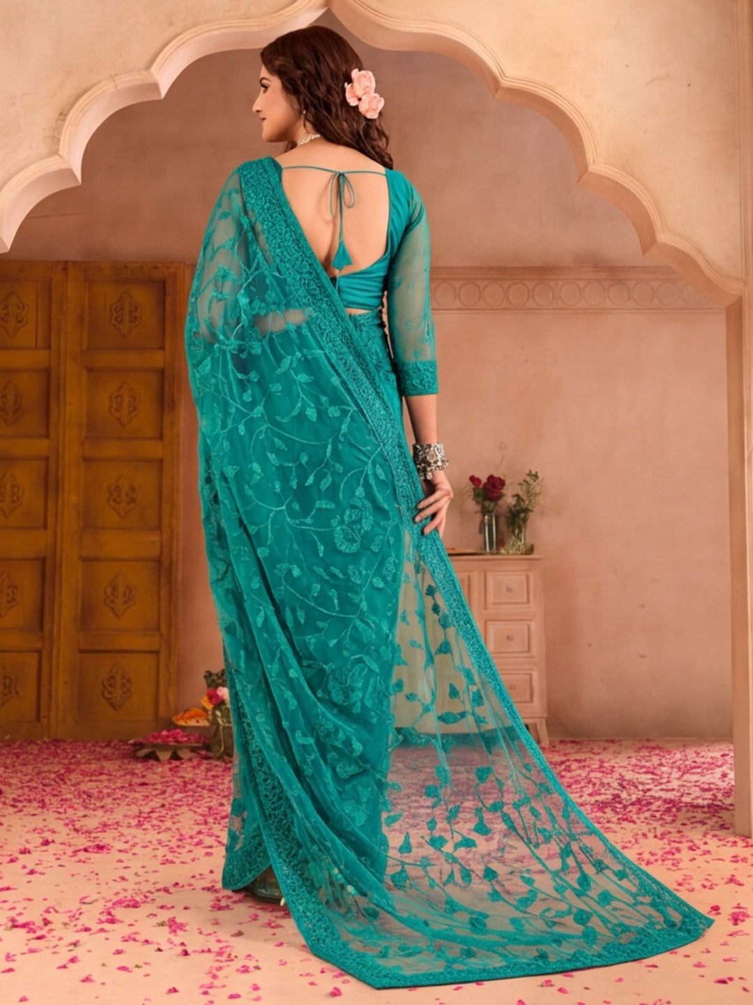 Teal Blue Work Net Saree with Floral Design