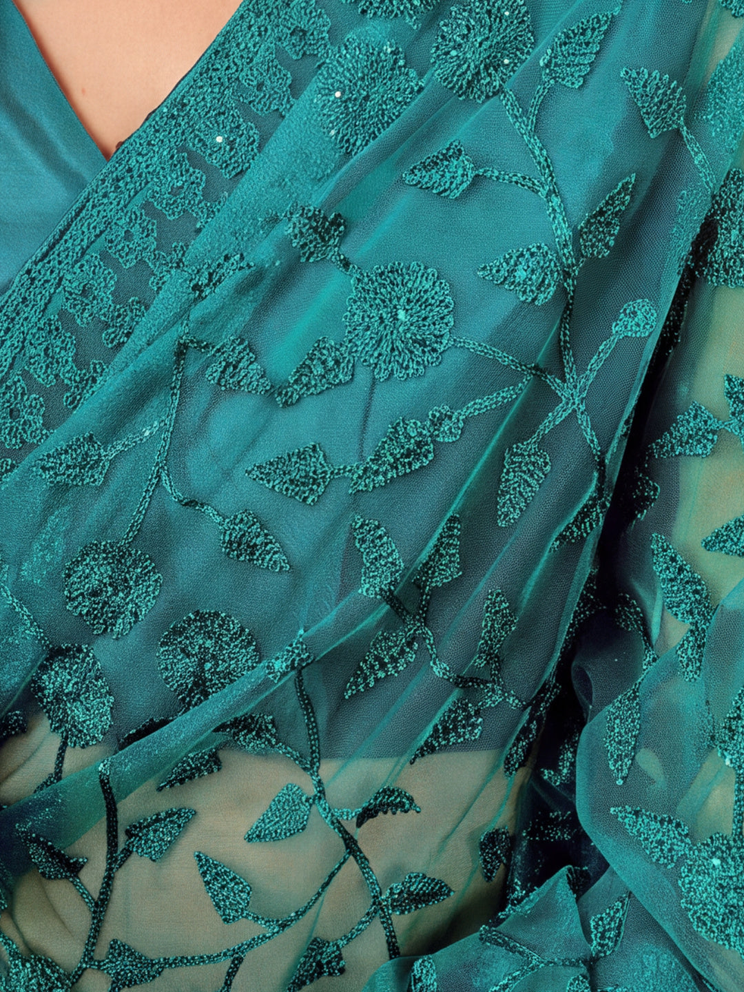 Teal Blue Work Net Saree with Floral Design
