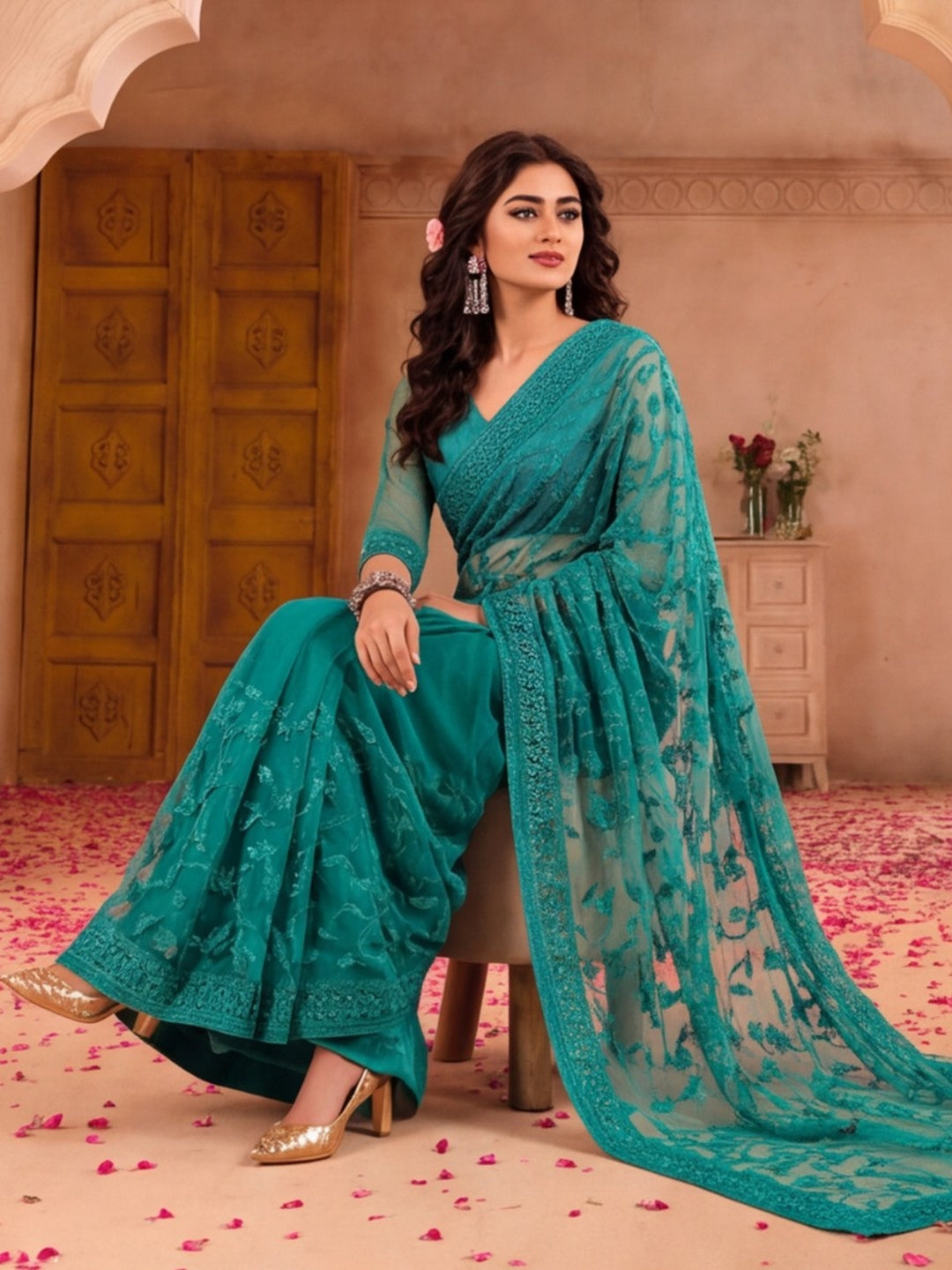 Teal Blue Work Net Saree with Floral Design