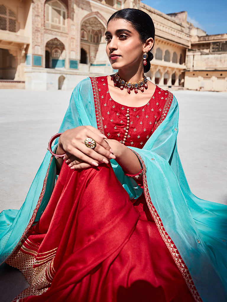 Red Zari Work Floor Length Anarkali Kurta With Sea Green Organza Embellished Dupatta