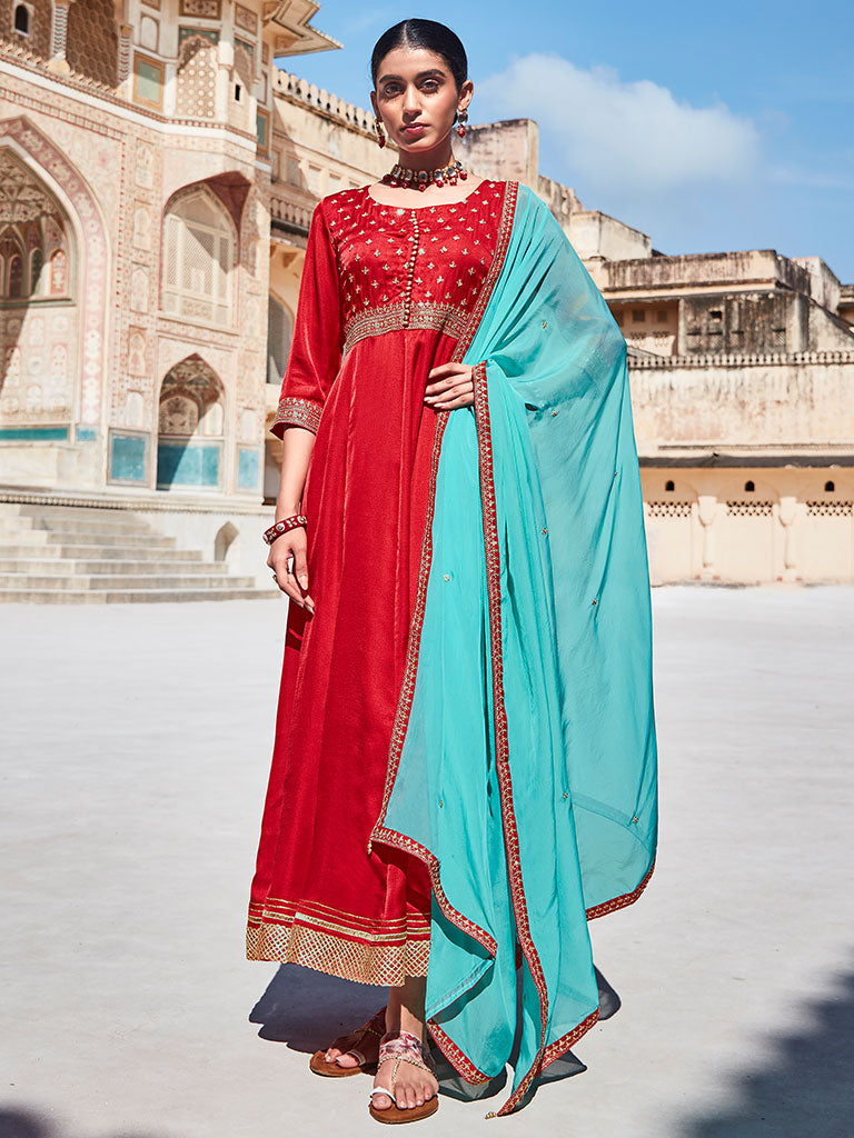 Red Zari Work Floor Length Anarkali Kurta With Sea Green Organza Embellished Dupatta