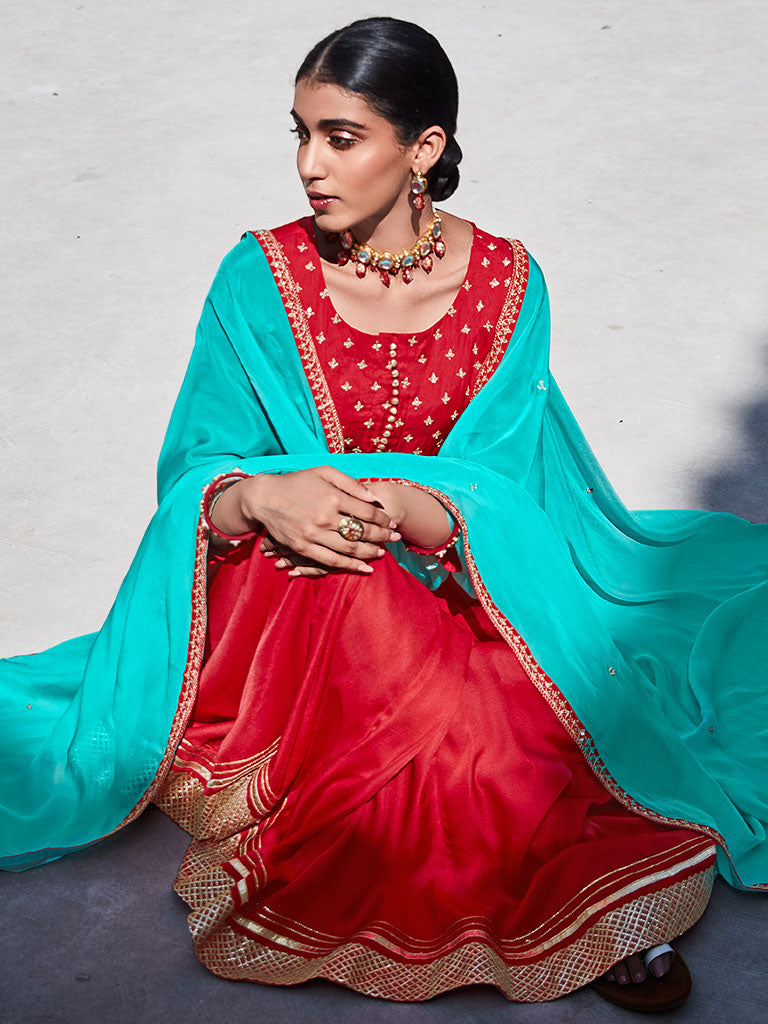 Red Zari Work Floor Length Anarkali Kurta With Sea Green Organza Embellished Dupatta