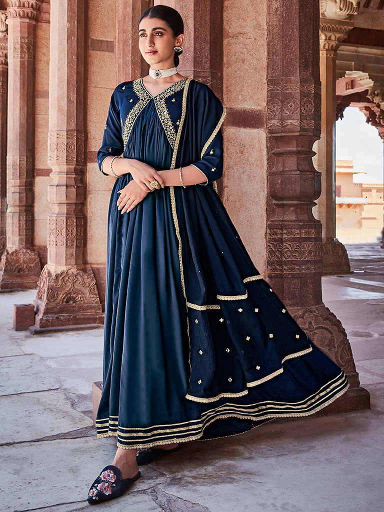 navy blue dress with dupatta Navy Blue Zardosi Embroidered Silk Long Kurta Paired With Embroidered  Organza Dupatta | Kurta For Women