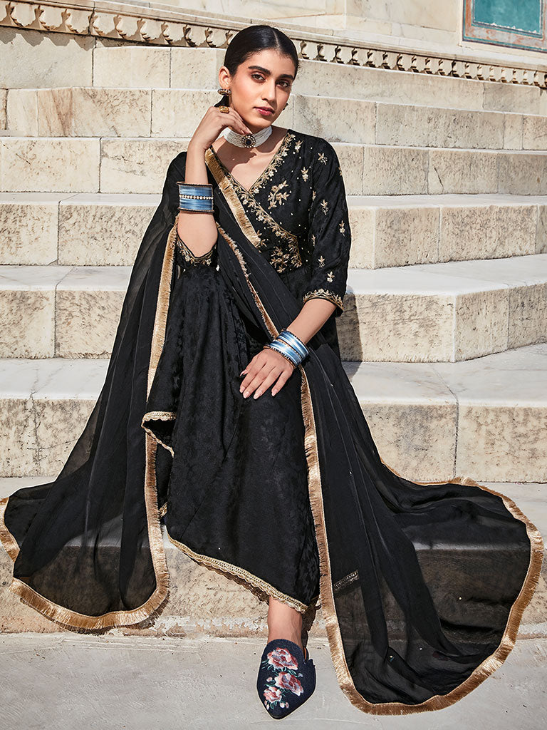 Black Silk Dobby Embroidered Anarkali Long Kurta With Silk Blend Trousers And Organza Embroidred Dupatta