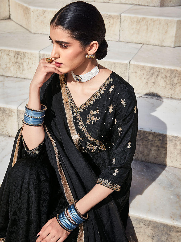 Black Silk Dobby Embroidered Anarkali Long Kurta With Silk Blend Trousers And Organza Embroidred Dupatta