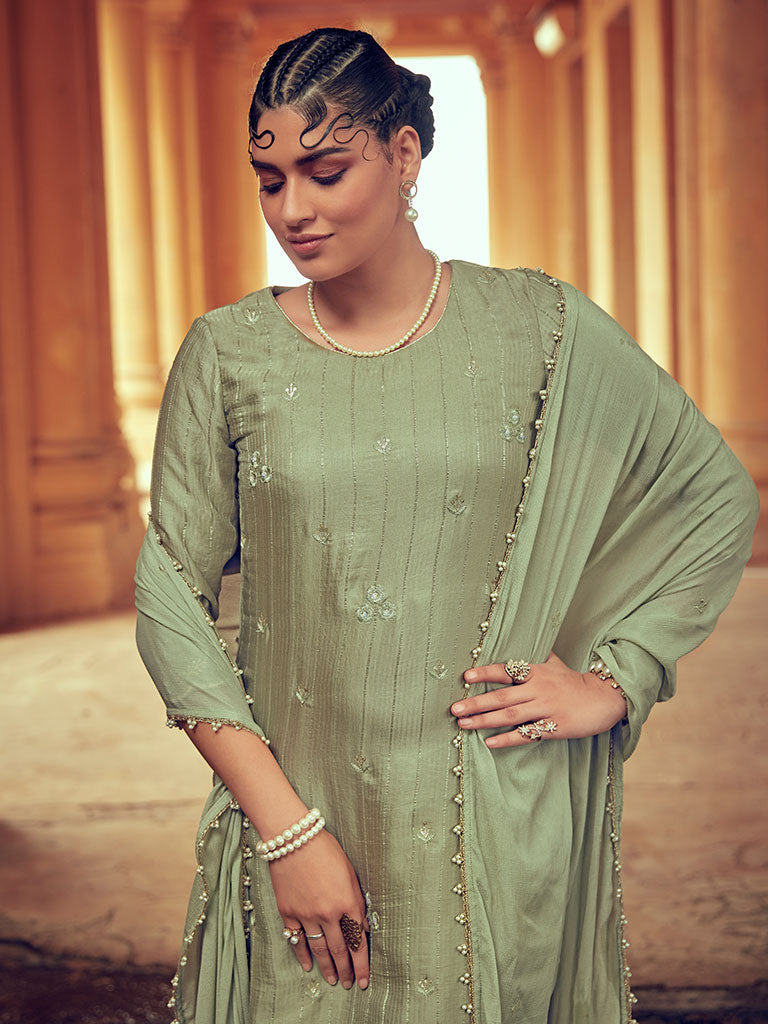 Light Green Color Straight Zardozi Embroided Kurta With Pants And Chinon Embroidered Dupatta