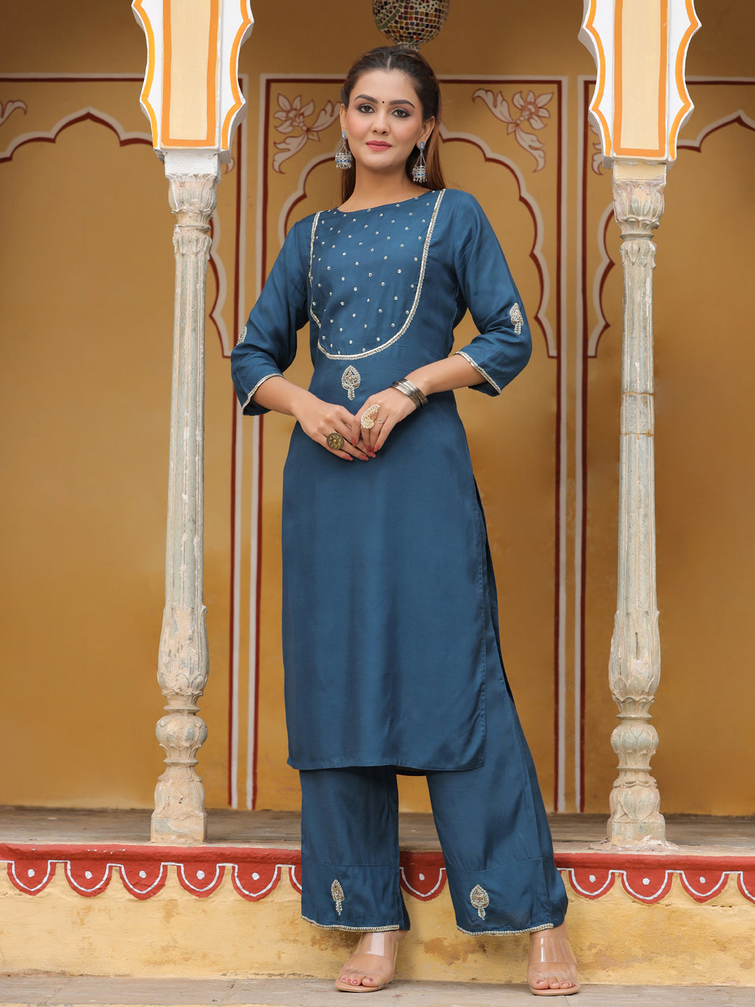 Teal Embroidered Straight Kurta With Palazzo And Dupatta