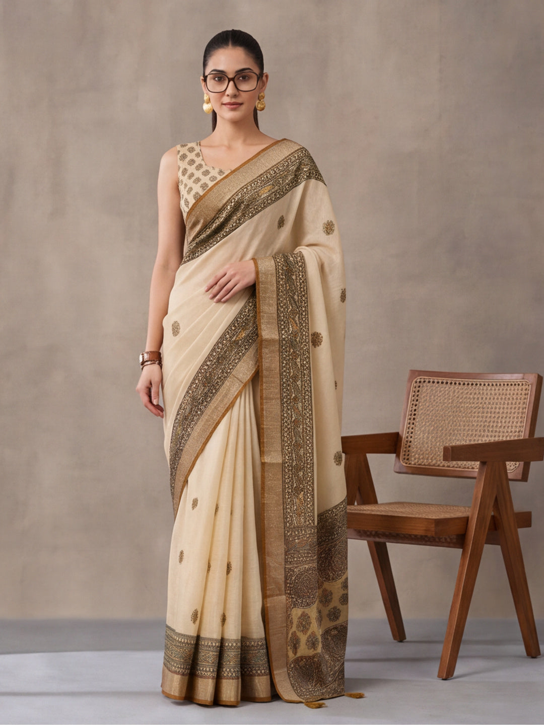 Jaipur Kurti Women Beige Digital Printed Saree With Tasselled Border