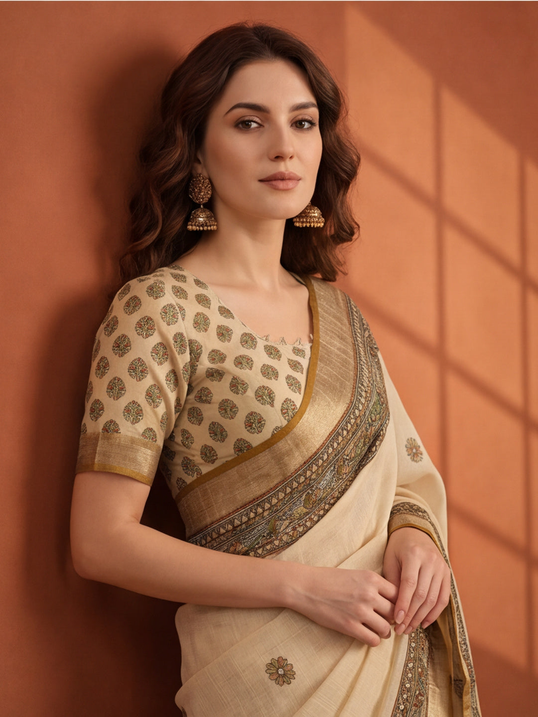 Jaipur Kurti Women Beige Digital Printed Saree With Tasselled Border