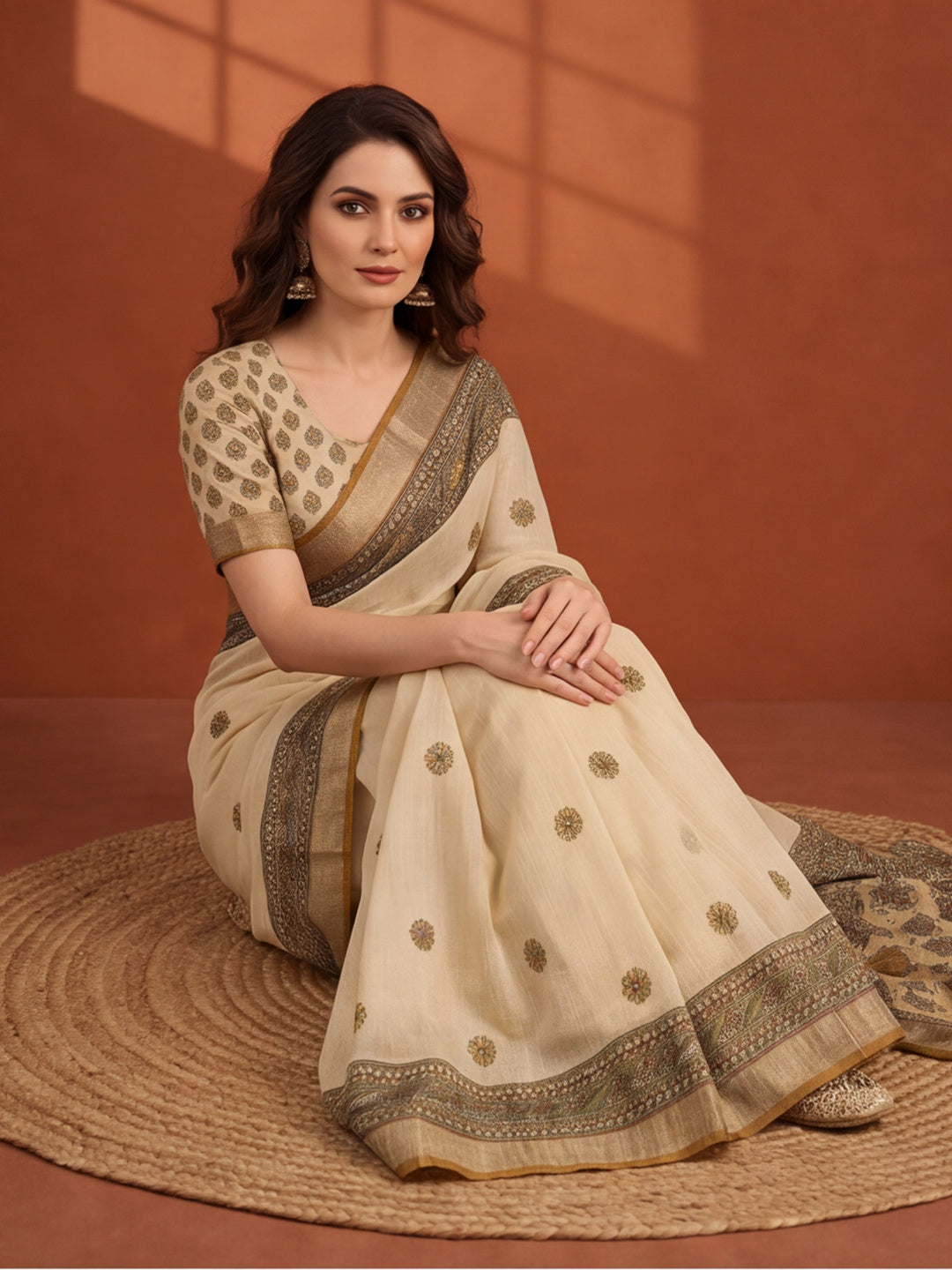 Jaipur Kurti Women Beige Digital Printed Saree With Tasselled Border