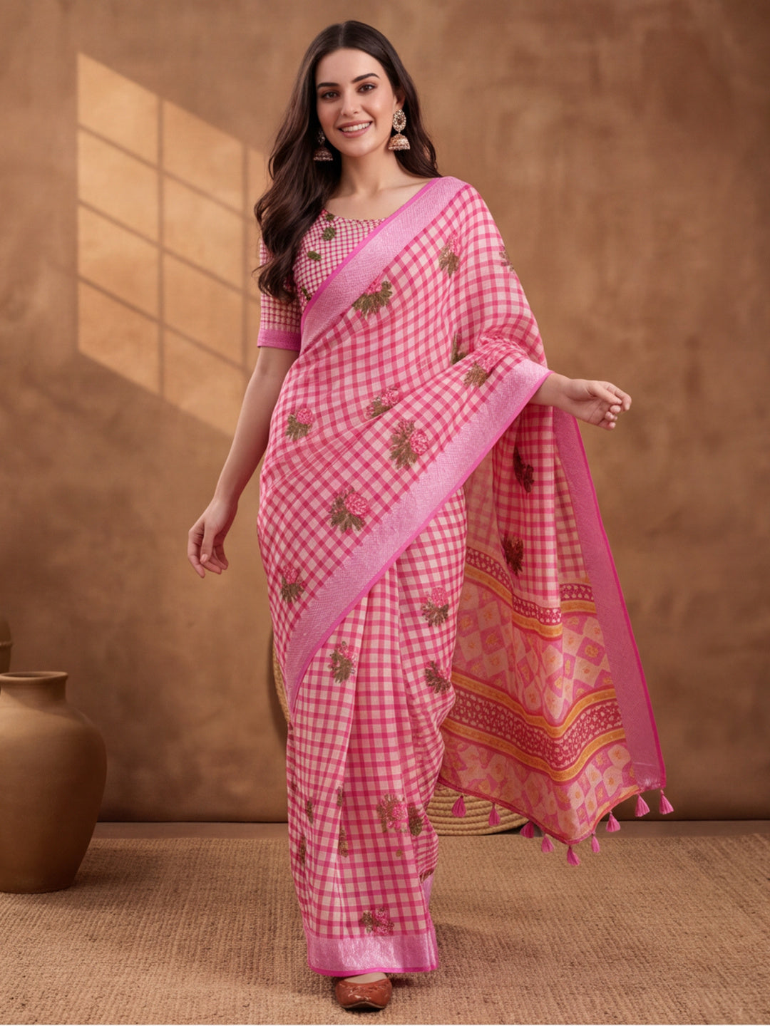 Jaipur Kurti Women Baby Pink Digital Printed Saree With Tasselled Border