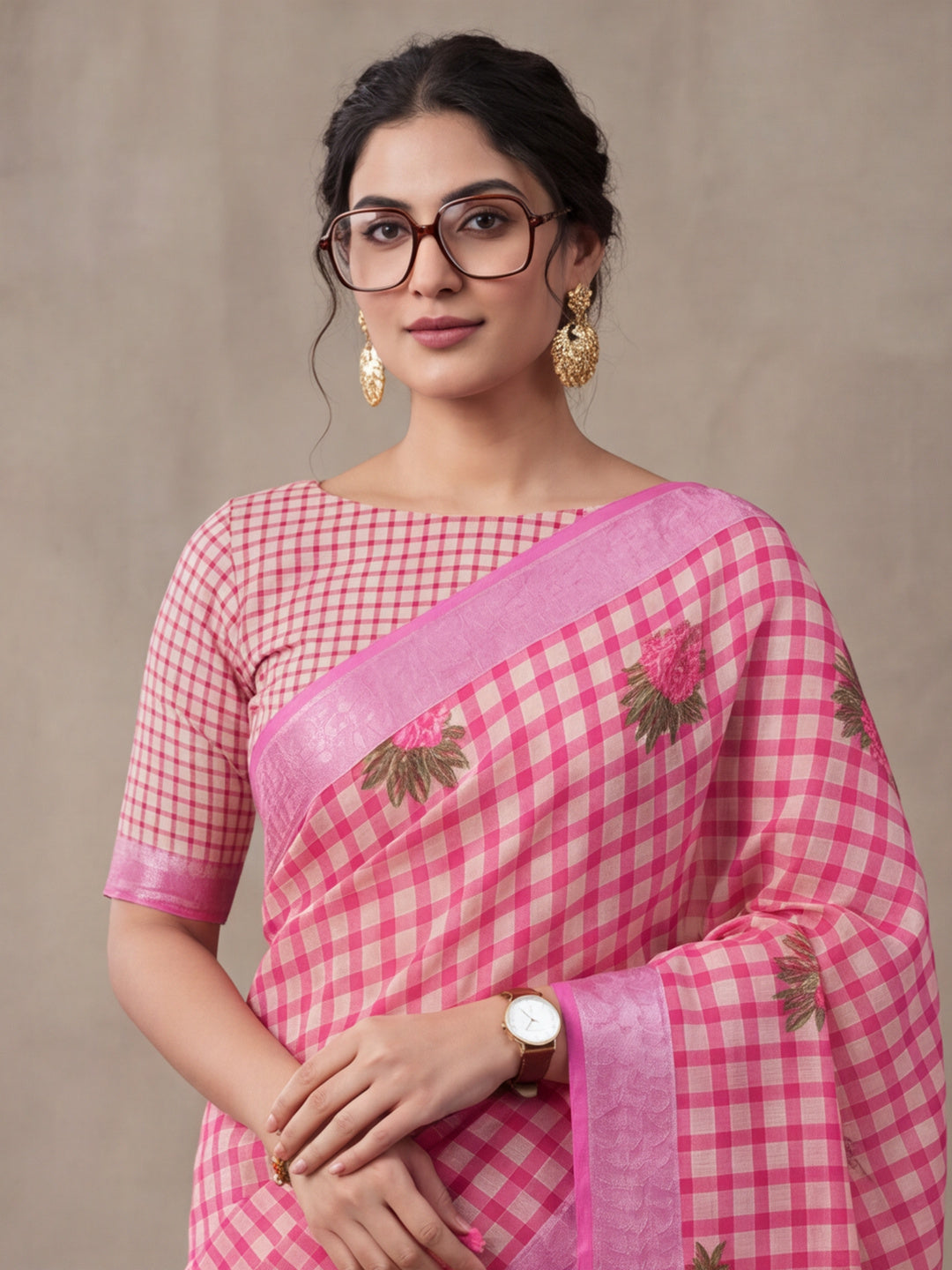 Jaipur Kurti Women Baby Pink Digital Printed Saree With Tasselled Border