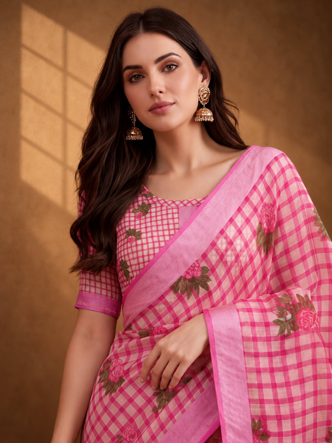 Jaipur Kurti Women Baby Pink Digital Printed Saree With Tasselled Border