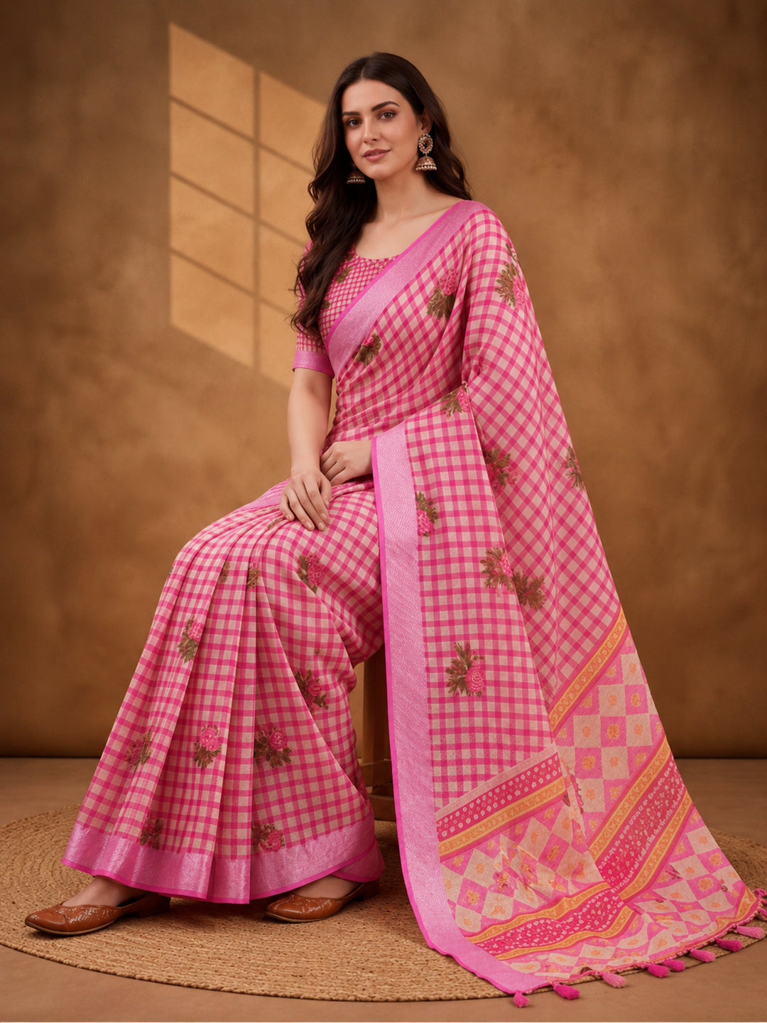 Jaipur Kurti Women Baby Pink Digital Printed Saree With Tasselled Border