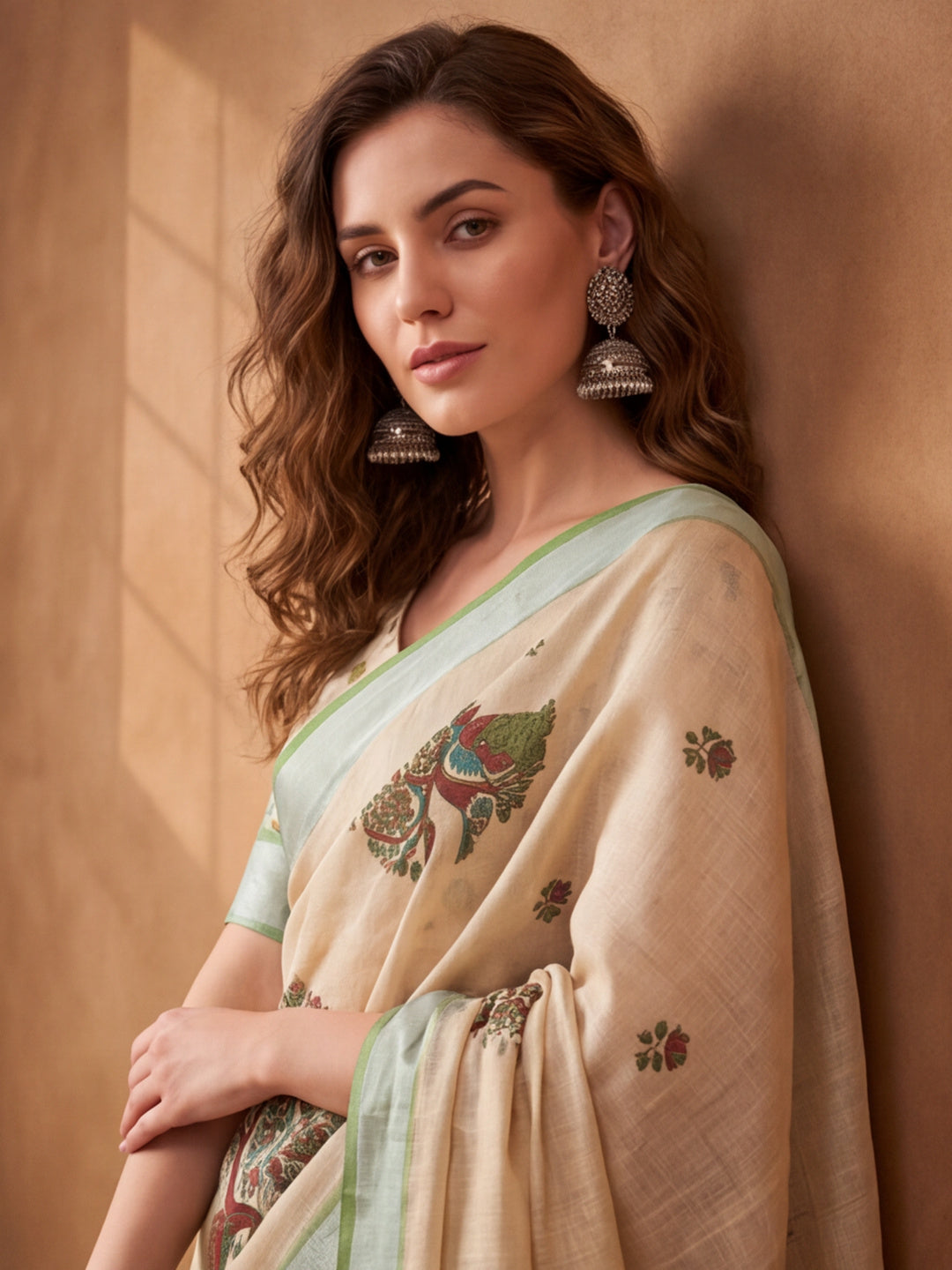 Jaipur Kurti Women Beige Digital Printed Saree With Tasselled Border