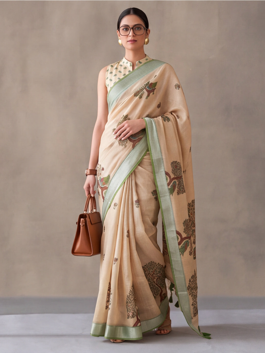 Jaipur Kurti Women Beige Digital Printed Saree With Tasselled Border
