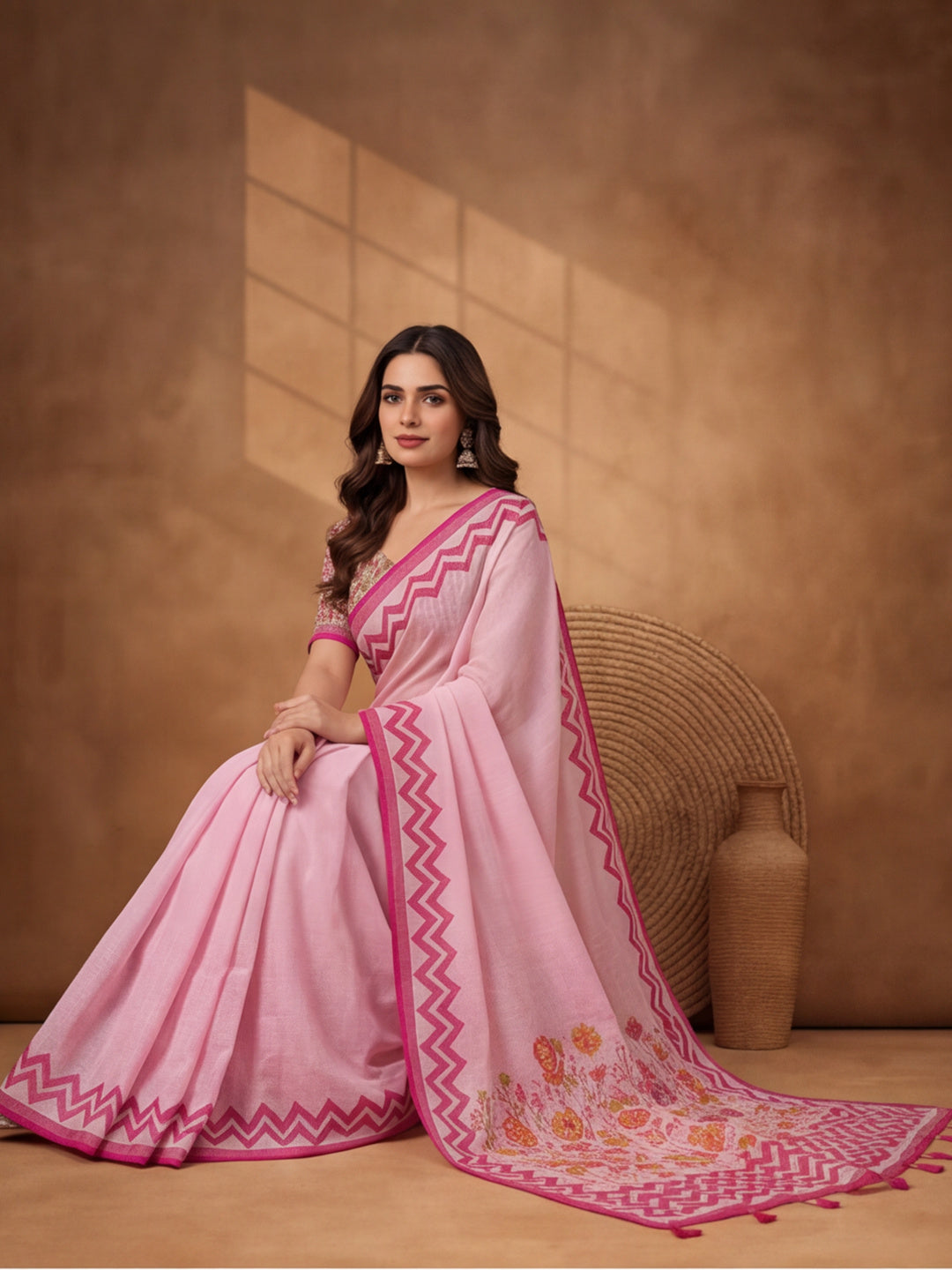 Jaipur Kurti Women Pink Digital Printed Saree With Tasselled Border