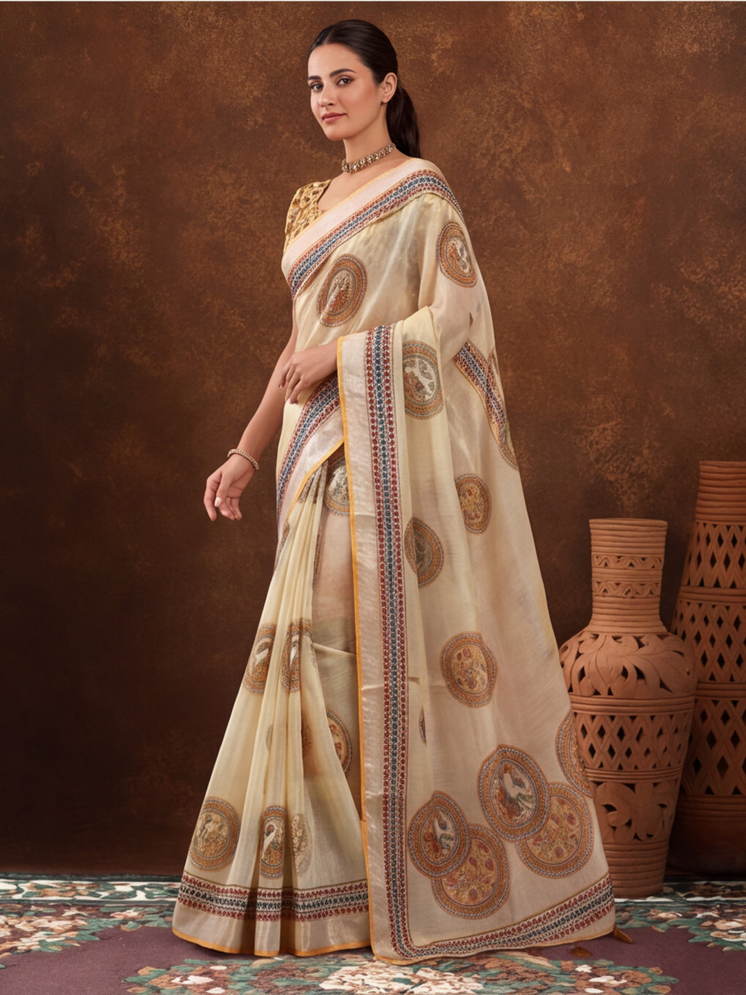 Jaipur Kurti Women Beige Digital Printed Saree With Tasselled Border