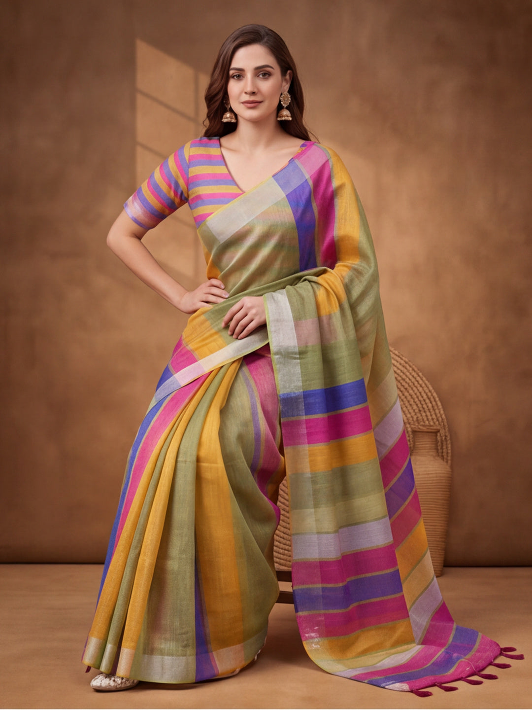 Jaipur Kurti Women Multi Digital Printed Saree With Tasselled Border