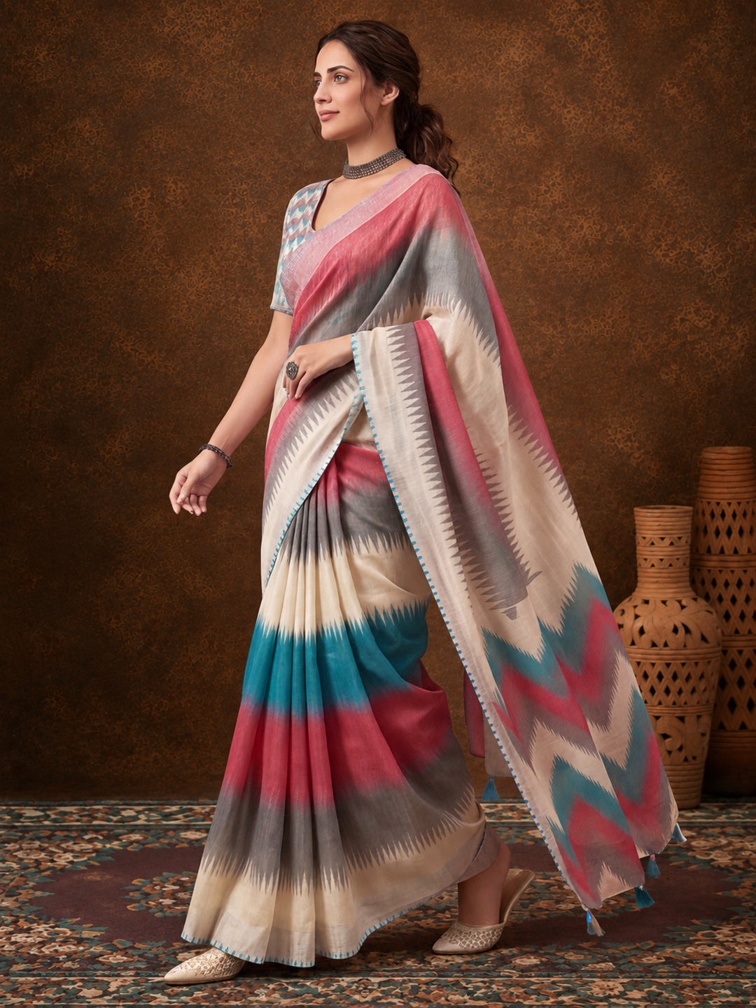 Jaipur Kurti Women Multi Digital Printed Saree With Tasselled Border